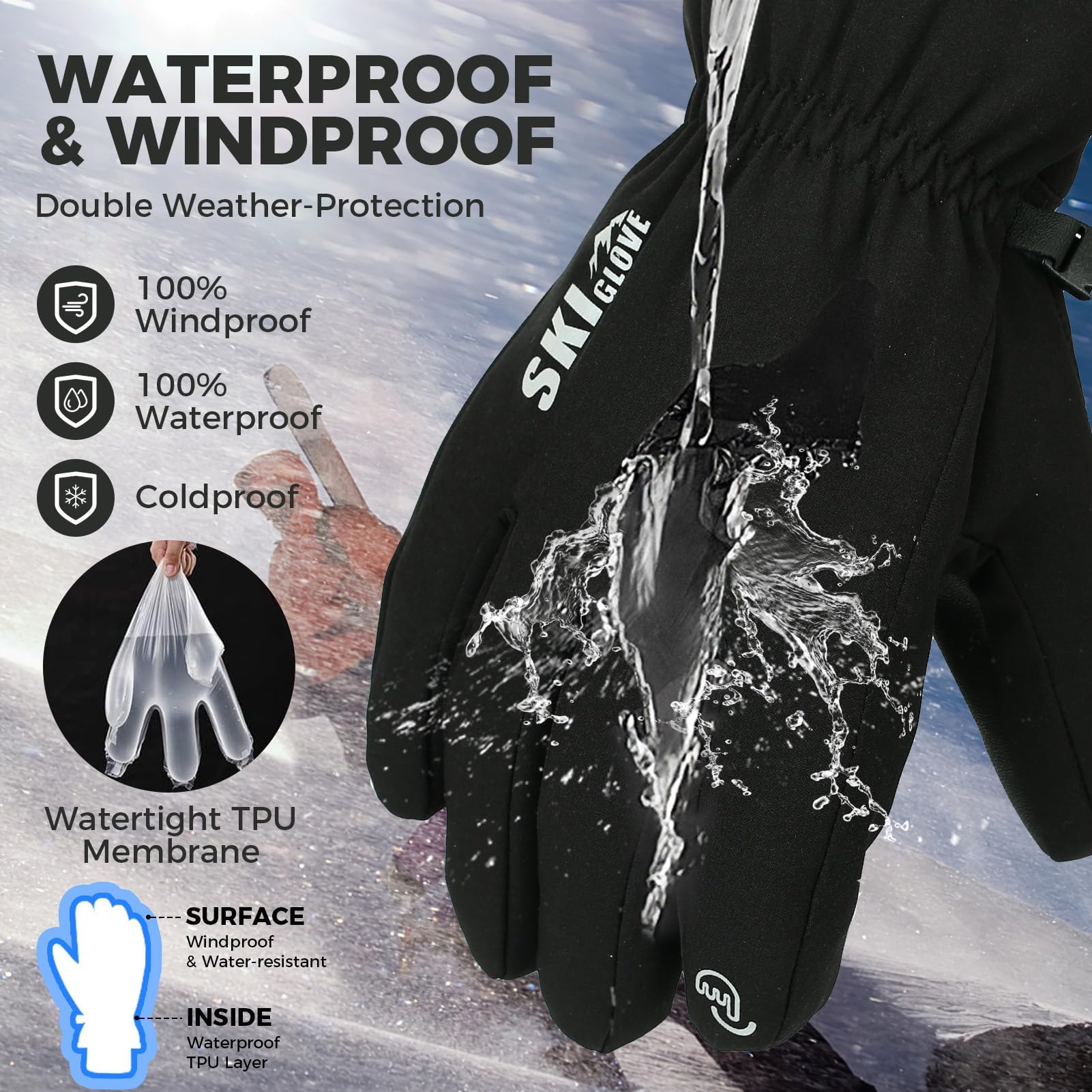 ZENUTA Guantes de invierno impermeables para hombre, guantes de esquí de nieve resistentes al viento, guantes térmicos cálidos transpirables para mujer, guantes de pantalla táctil de 5 dedos para
