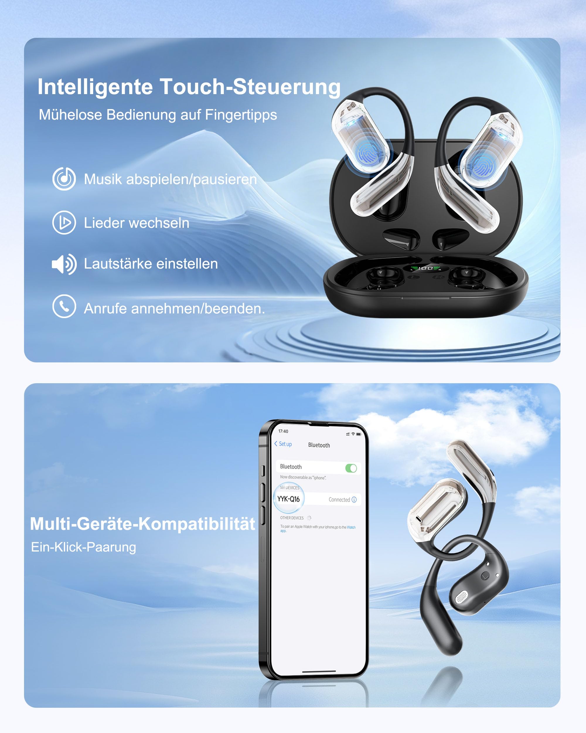EUQQ Cuffie Open Ear Bluetooth 6.1 – 50 Ore Di Autonomia, Gancio Flessibile, 4 Microfoni ENC, Ricarica Rapida In 1 Ora, HiFi - 4