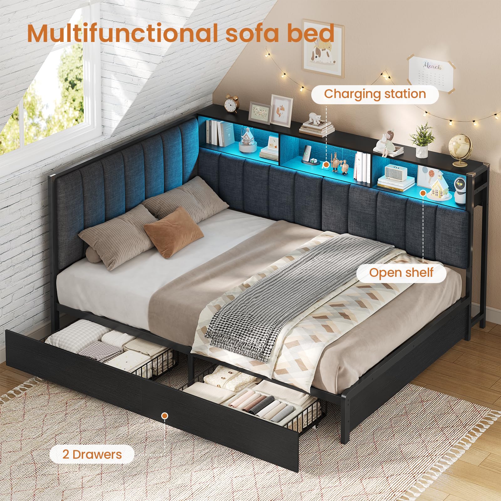 KIMENICH Cama tapizada sofá Cama 140 x 190 cm con iluminación LED, estación de Carga, cabecero Alto Acolchado, Cama de día Juvenil con 2 cajones y somier de láminas de Metal, estantes Abiertos, Gris