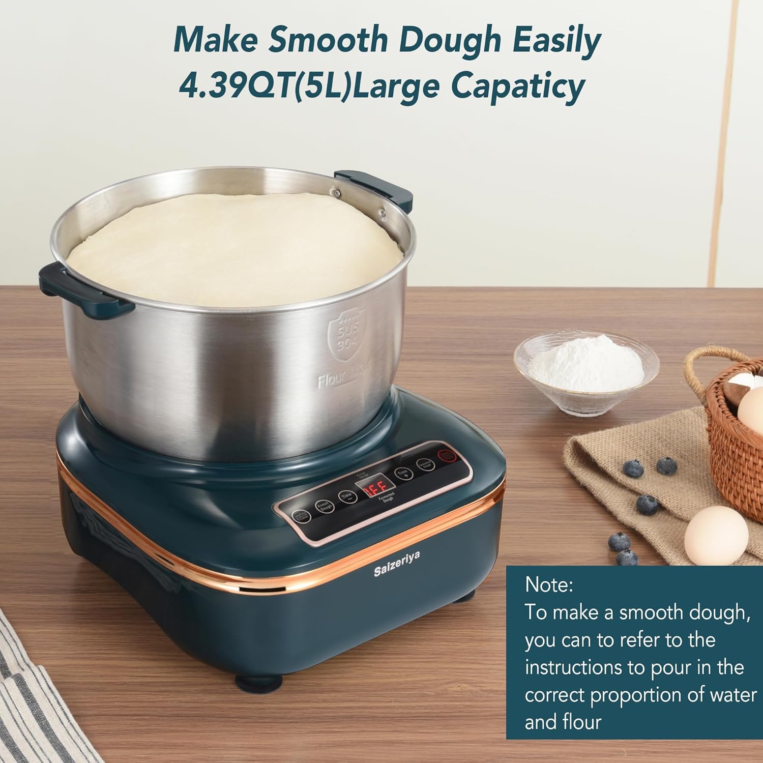 Electric Dough Maker with Ferment Function, 5L(4.5QT) Dough Mixer Machine with Stainless Steel Bowl, Flour Kneading Machine for Pizza Bread,onion green