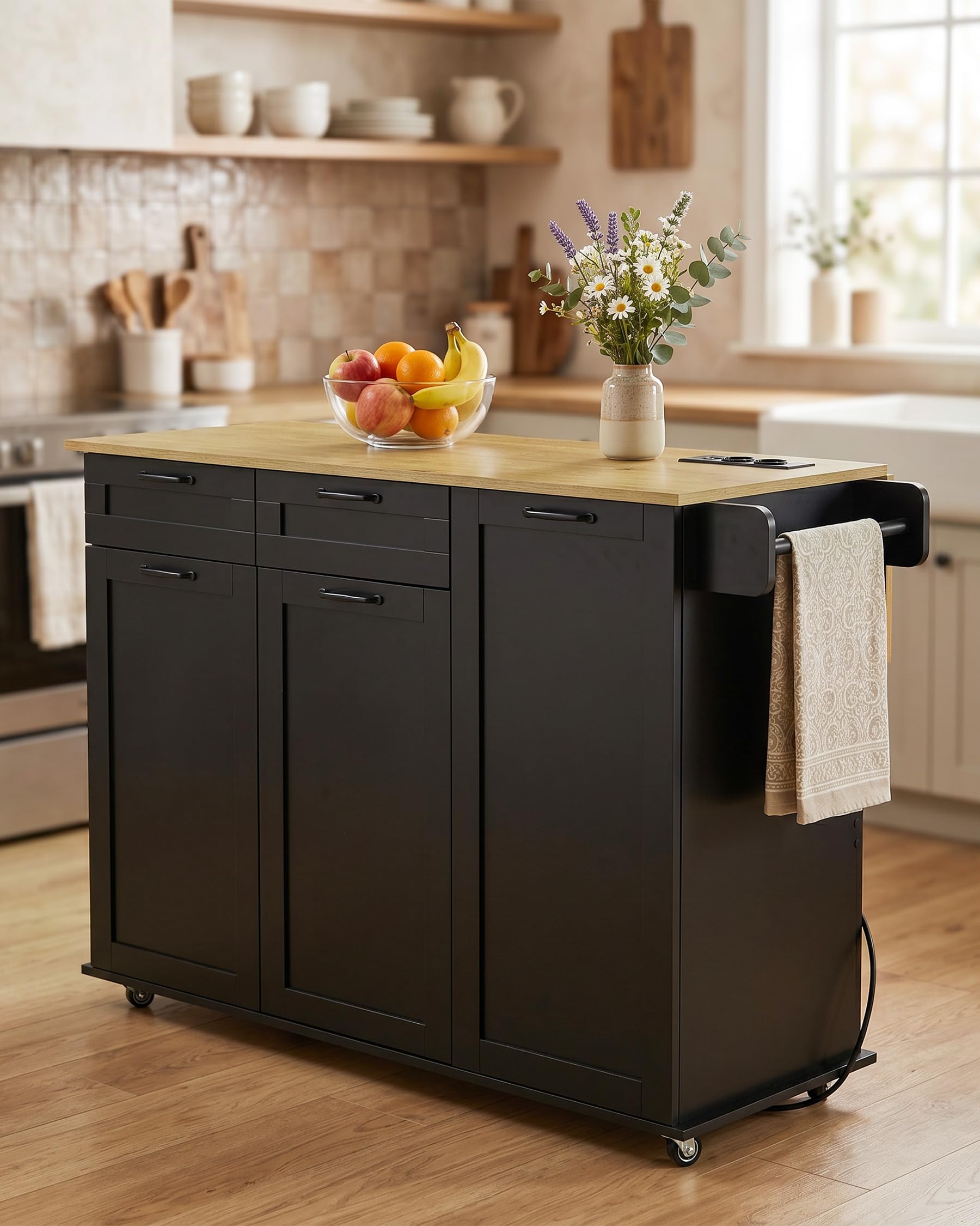 Isola da Cucina con Presa e Piano di Lavoro Pieghevole Mobile da Cucina con Ruote Credenza da Cucina Salvaspazio con 2 Cassetti e 2 Ante Nero/Rovere 120 x 74 x 94,5 cm