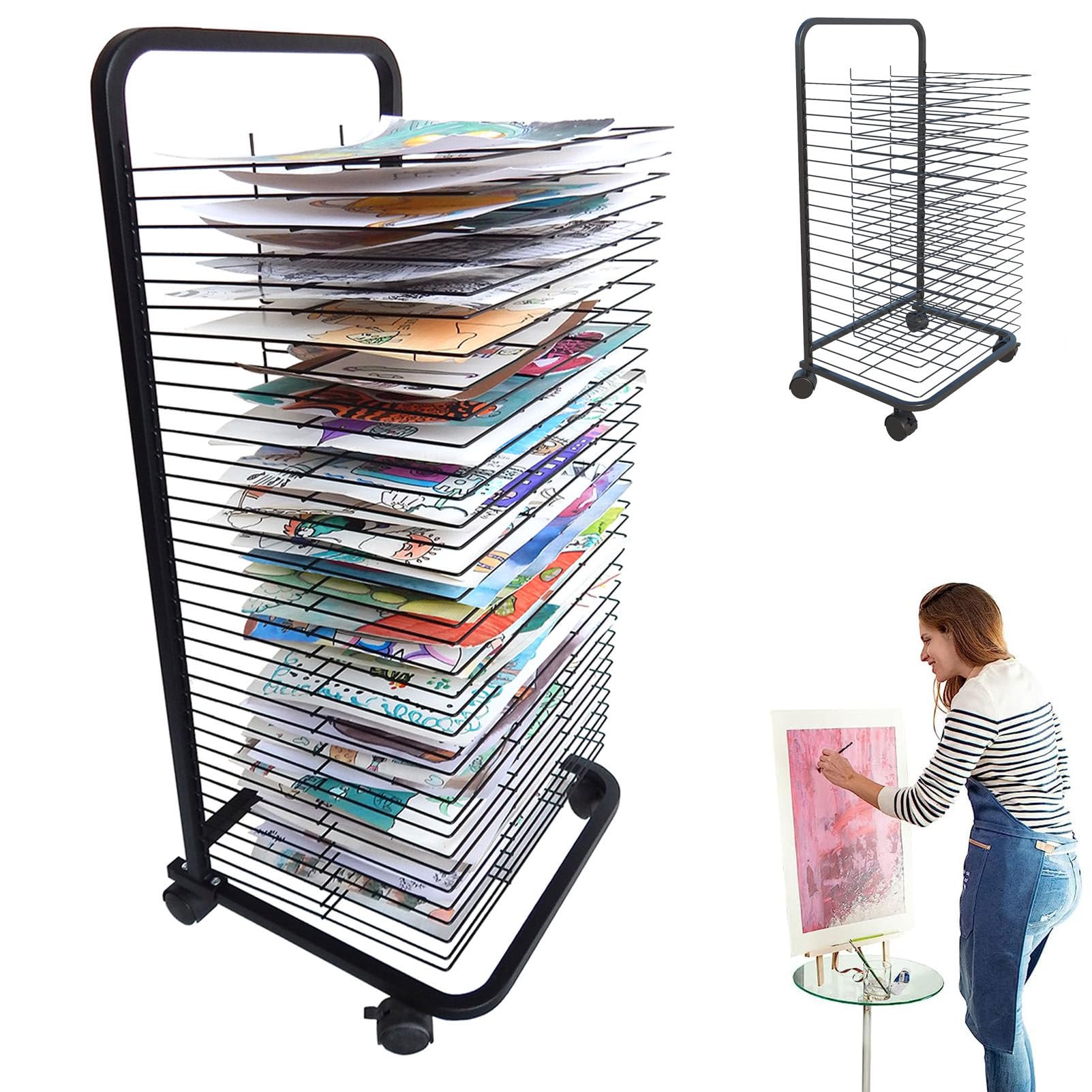 Aioneer Wire Art Drying Rack, Flexible Mobile Shelves for Painting Craft Artwork Canvas Storage, Stackable Metal Art Rack Power Coated for Classroom, Art Studios,30layers