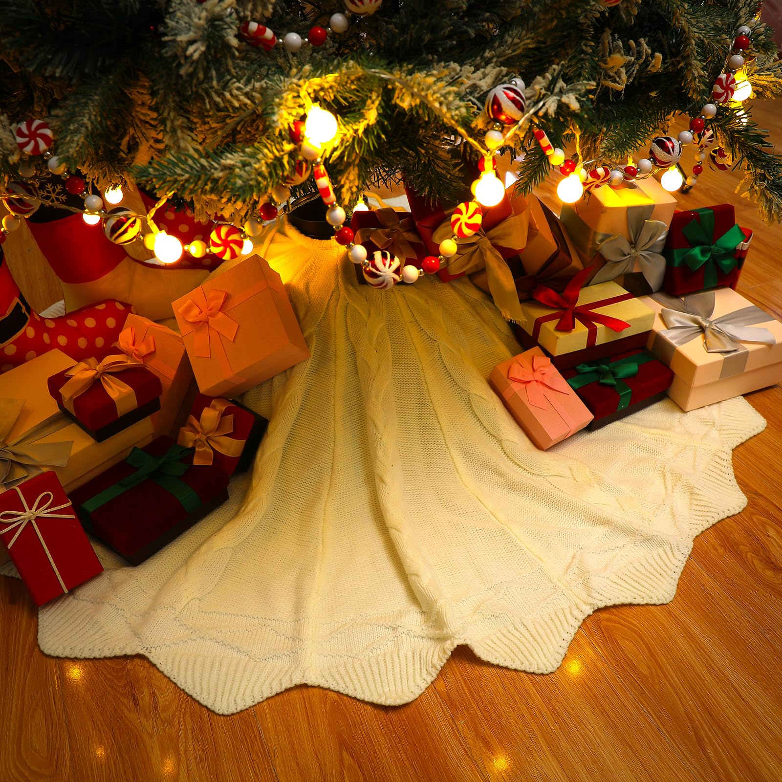 Jupe de sapin de Noël en tricot blanc crème de 122 cm