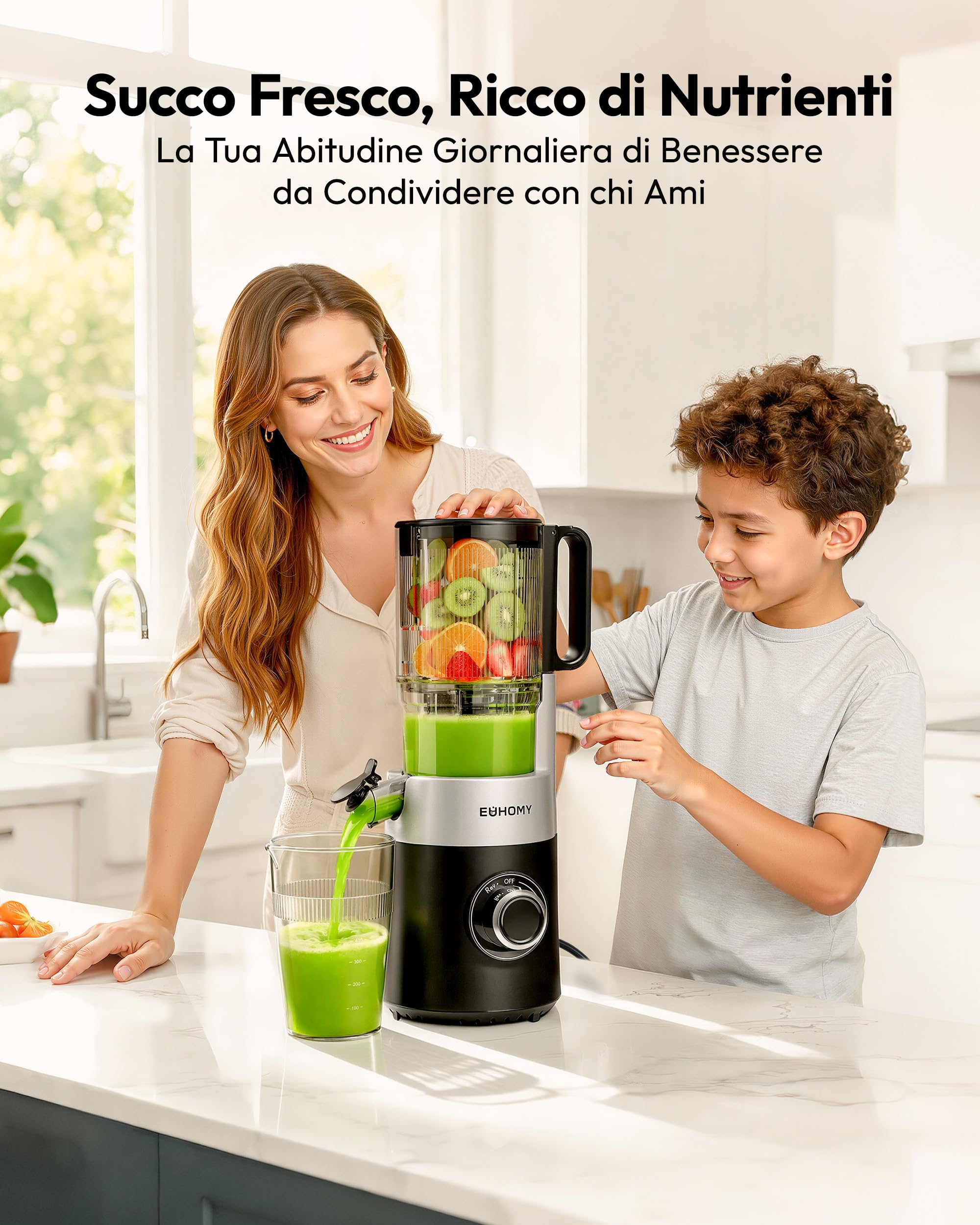EUHOMY Estrattore Frutta e Verdura, Apertura 135MM e Capacità 1,8L Centrifuga Frutta e Verdura, 220W Estrattore di Succo con 2 Bicchieri, 99% Nutrienti Preservati, Facile da Smontare e Pulire