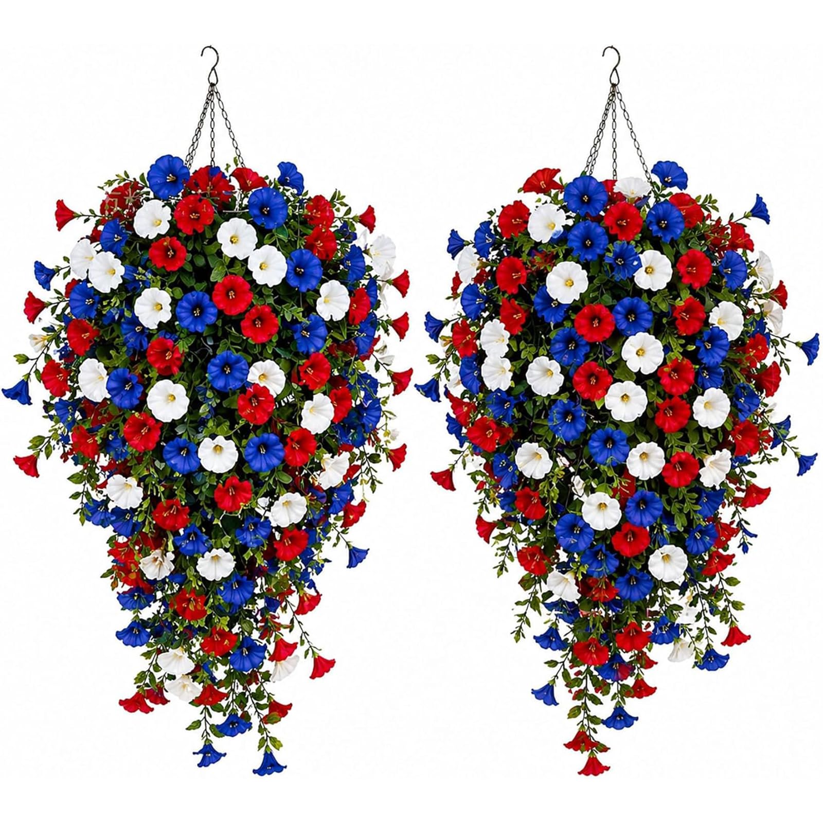 zoocco Patriotic Hanging Flower Baskets & Artificial Hanging for Outdoors with Lush Blooms, Porch & Garden Decor, Solar Light Option (With light)