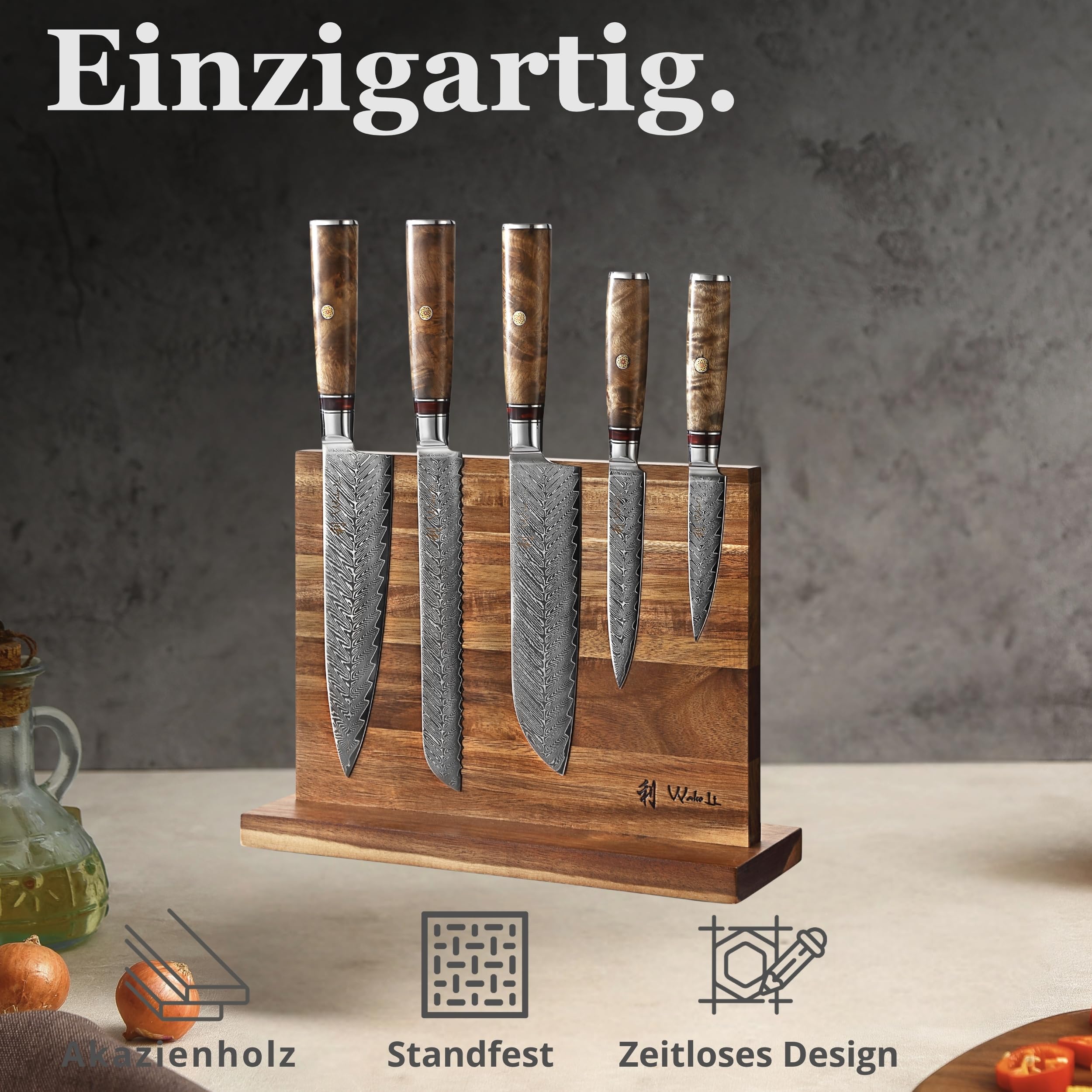 Wakoli Culinary Sycamore Messerblock Set, 5 Messer aus 67 Lagen Damaststahl | Kochmesser, Brotmesser, Santoku, Allzweck- und Officemesser mit VG10 Kern, Berghorngriffen und Magnetblock aus Akazienholz