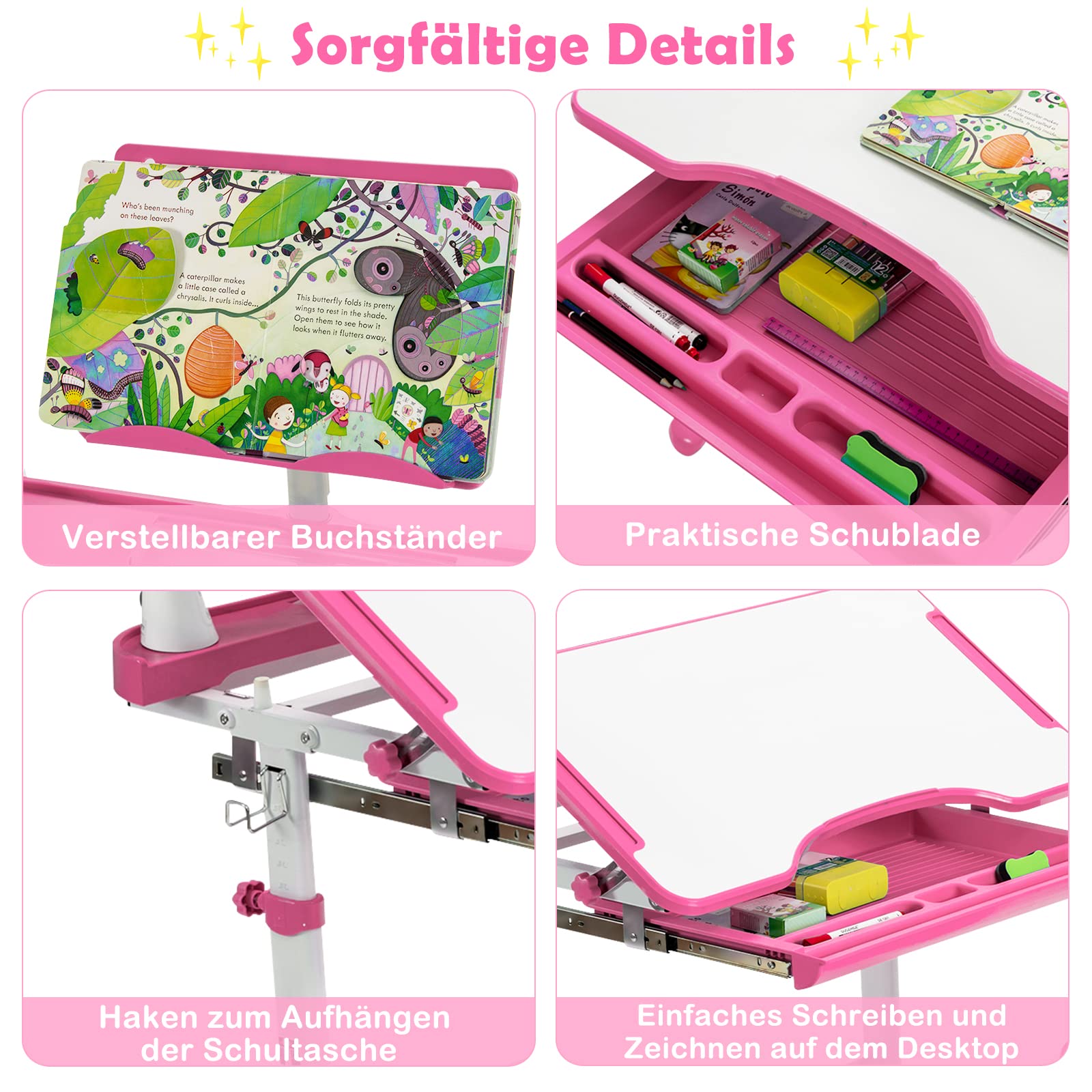 DREAMADE Kinderschreibtisch höhenverstellbar, Schülerschreibtisch neigungsverstellbar, Jugendschreibtisch mit LED-Lampe und Bücherständer, Schreibtisch Set für Kinder mit Stuhl und Schublade (Rosa)