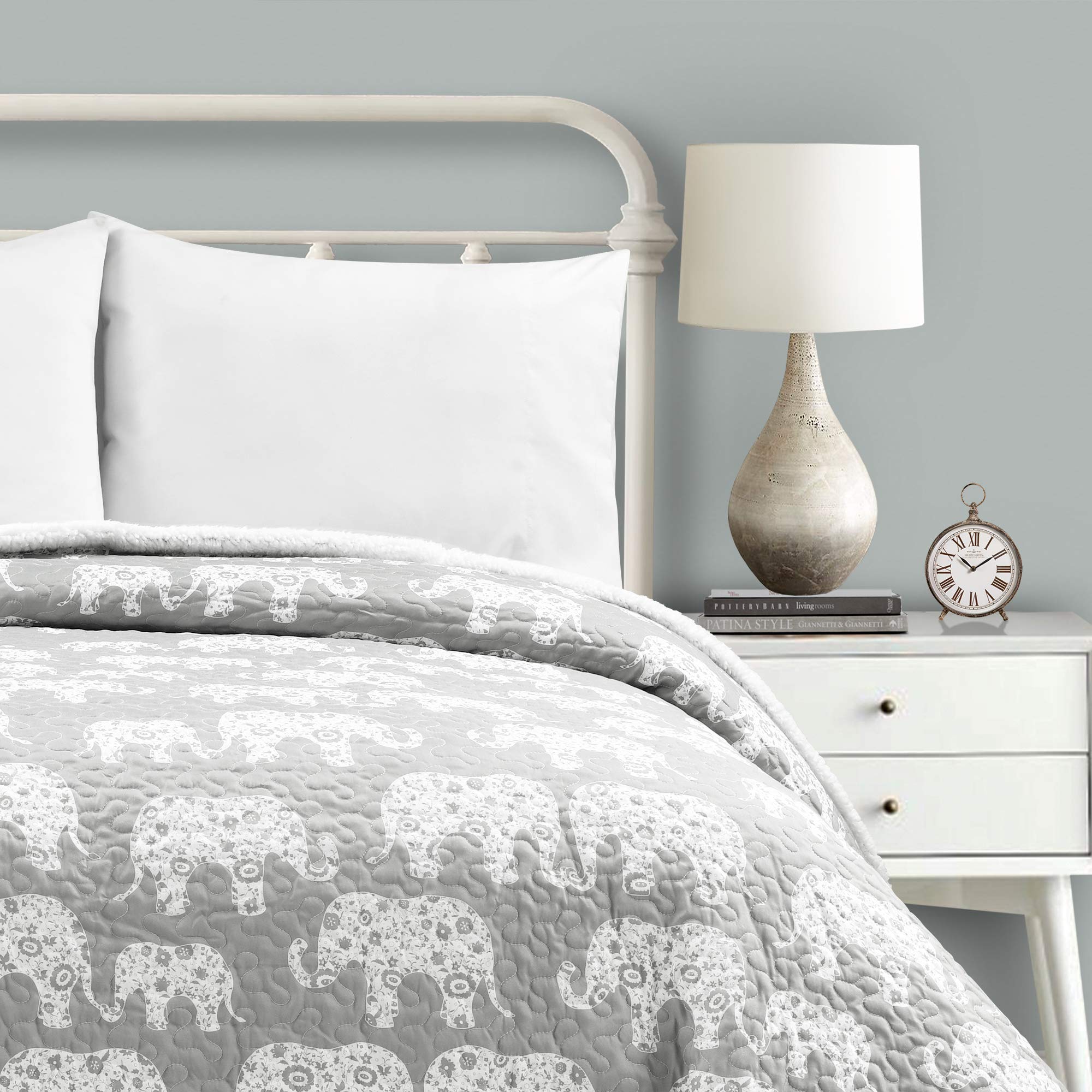 Lush Decor Elephant Parade Sherpa Throw Blanket, Full/Queen, Soft Gray - Animal Print - Cozy Boho Fleece Blanket - Kids or Teen Quilted Coverlet- Oversized Floral Elephant Blanket for Bed or Couch