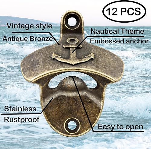 Miniatura 2 de 12 piezas de abrebotellas de latón con anclaje montado en la pared, a granel, abridor de tapas de cerveza color azul marino para temática náutica