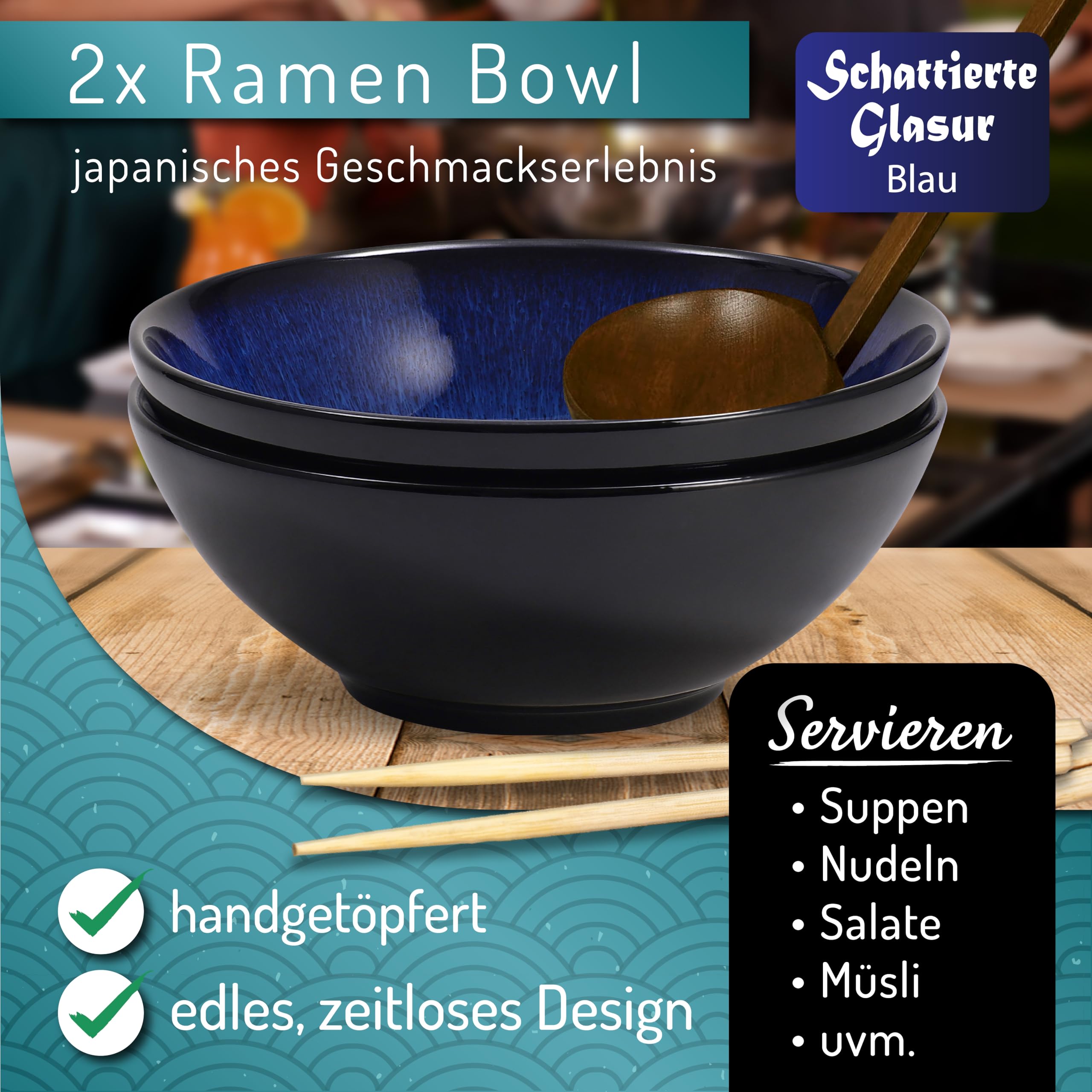Ramen Ciotola in ceramica, 20 cm, blu, 1000 ml, ciotola per insalata, zuppa, ciotola per pasta, ciotola per cereali, zuppa Pho