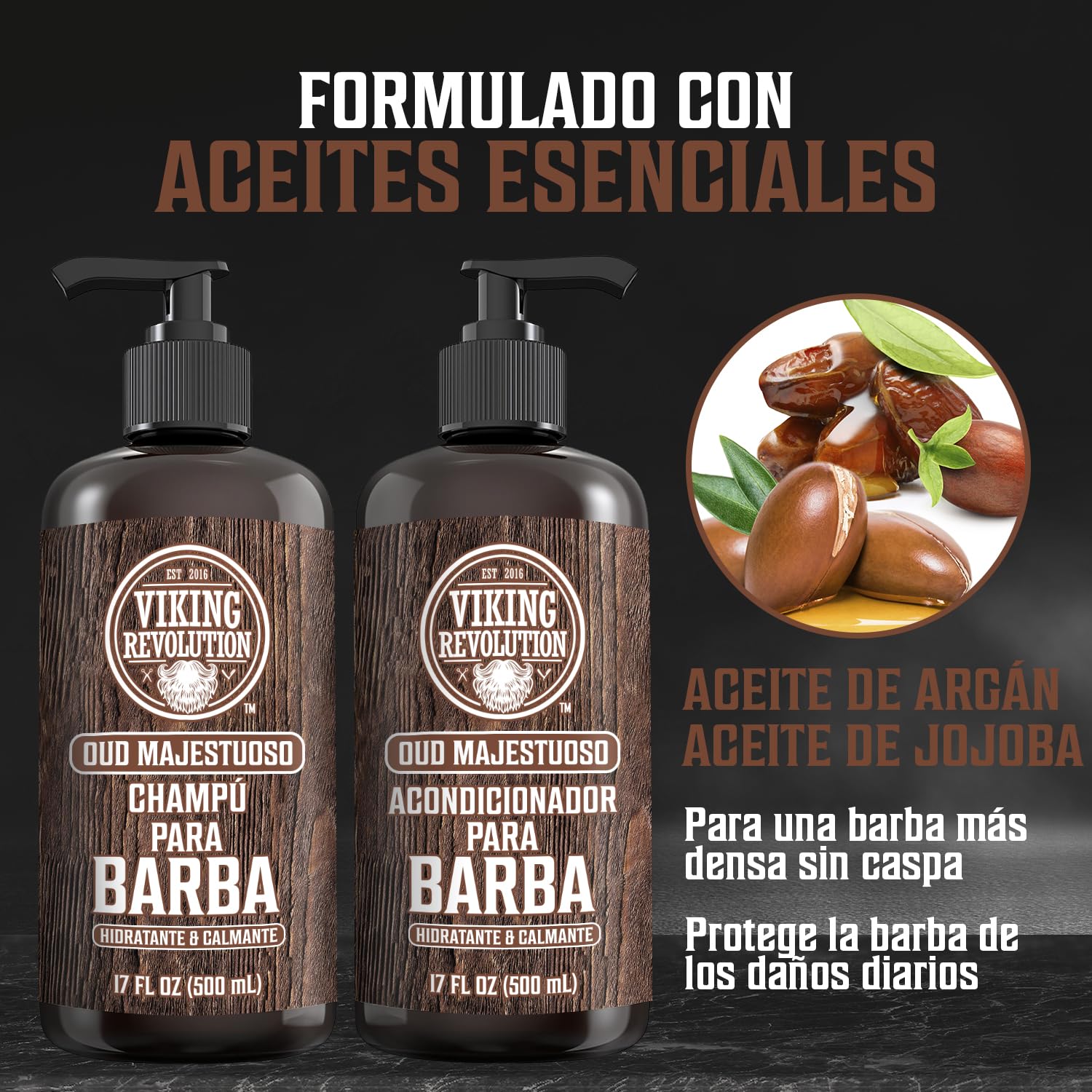 Viking Revolution Juego de Champú y Acondicionador de Barba con Aceites de Argán y Jojoba - Champú Barba Hombre que Suaviza, Alisa y Fortalece el Crecimiento - Oud Majestuoso 2x500 ml