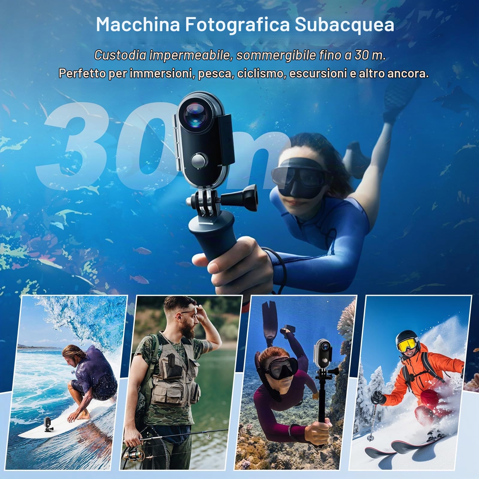 Action Cam, fotocamera impermeabile, 64 GB, mini bodycam per bicicletta, dash cam, WiFi, videocamera per il corpo, per casco e moto, fotocamera sportiva con magnete e morsetto a 360°, per