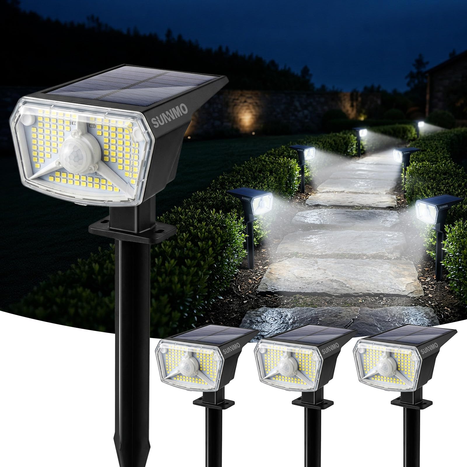 Spot Solaire Exterieur Detecteur de Mouvement 104LED 3 Modes IP65 Blanc Froid Lot de 4