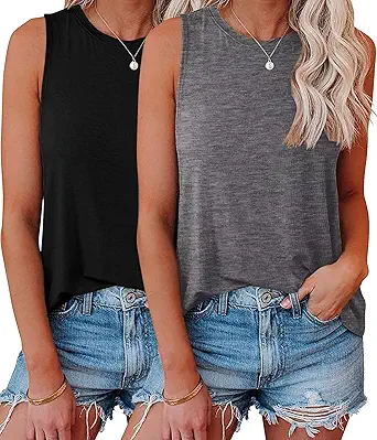 KKJ 2 Pack Womens Tank Tops Workout Tees Summer Clothes Fashion Outfits Crew Neck Sleeveless Loose Fit Fall Casual Shirts