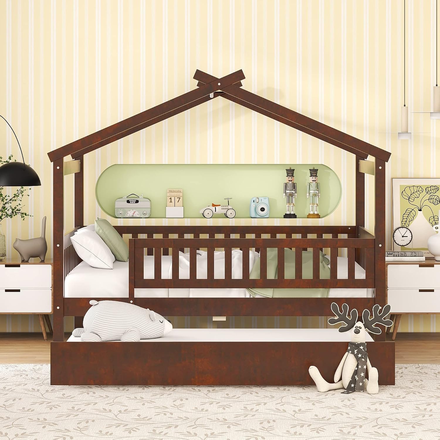 House Bed with Trundle and Fence, Full Size Montessori Style Beds with Railings, Wooden Playhouse Bed Frame for Kids Girls Boys, Walnut