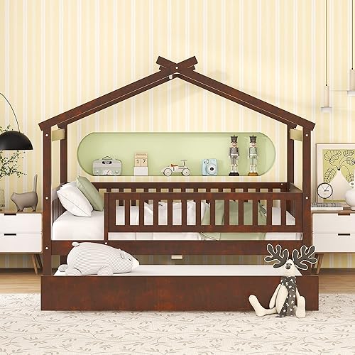 Miniatura 91 de Merax Cama de madera de tamaño matrimonial con nido, marco de cama de madera con techo para niños, adolescentes, niños o niñas, color blanco
