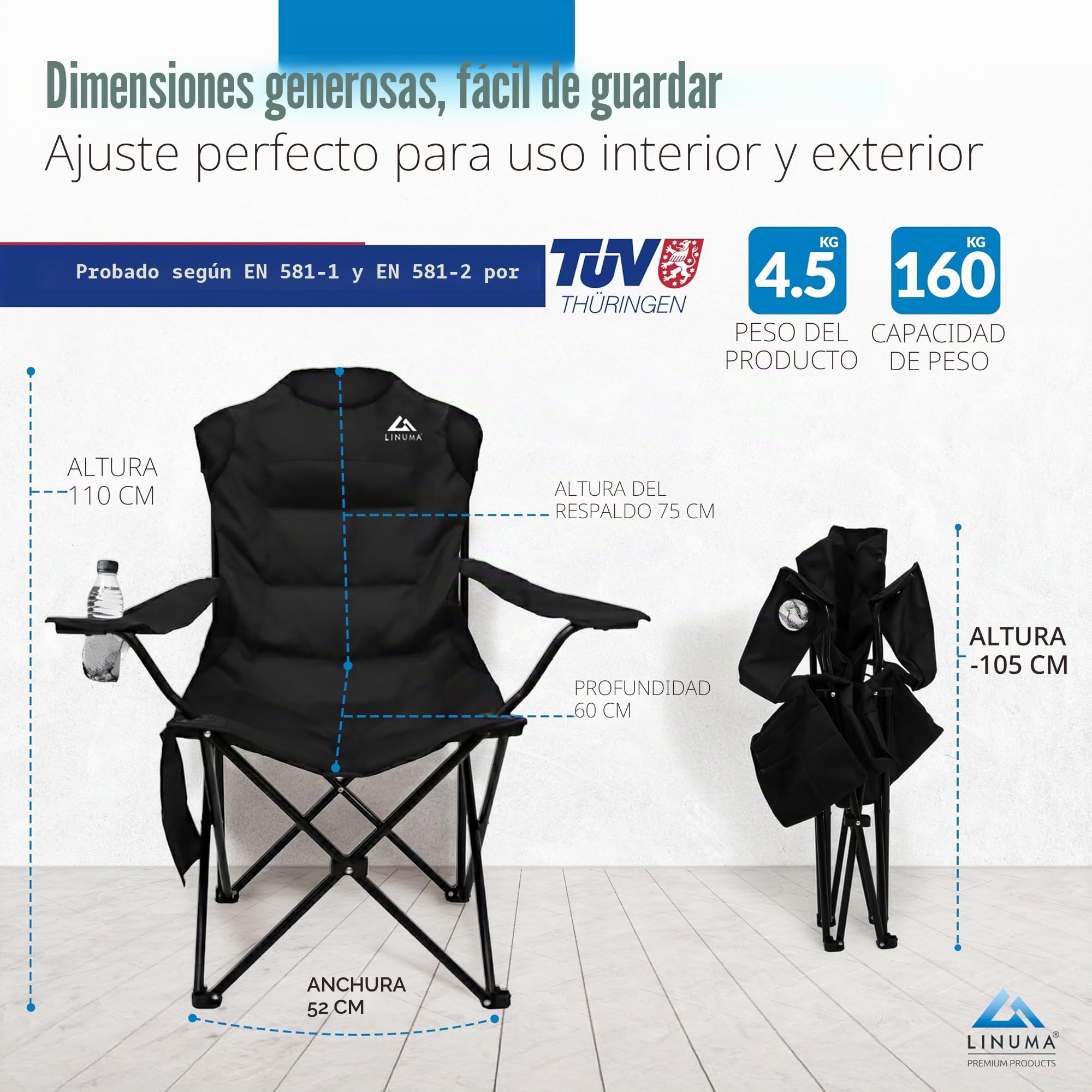 Silla de Camping de Lujo Plegable Color Negro con Soporte para Bebidas y Bolsa de Transporte – Silla Resistente y cómoda de Aluminio para Camping, Pesca, jardín y Playa