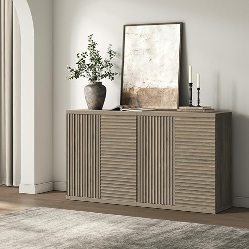 Vista 8 de SICOTAS Armario de buffet con aparador de almacenamiento, diseño moderno con puertas y estantes, consola multimedia acanalada, mesa de café