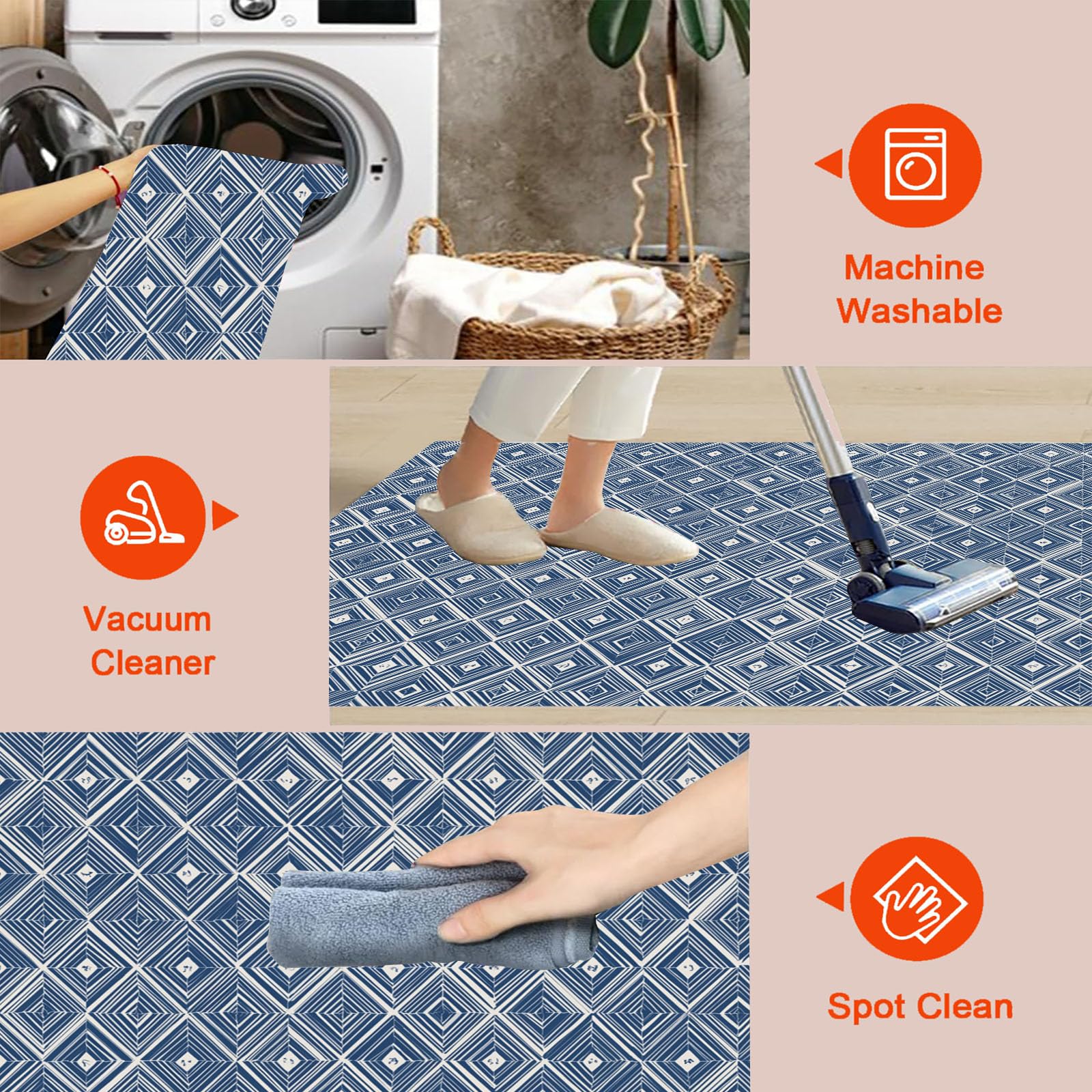 Tapis Lavable Losange Rayé, Antidérapant Géométrie Orientale, Résistant Aux Taches pour Intérieur, Décoration pour Salon, Chambre À Coucher, Bureau - Bleu Marine - 80X150Cm