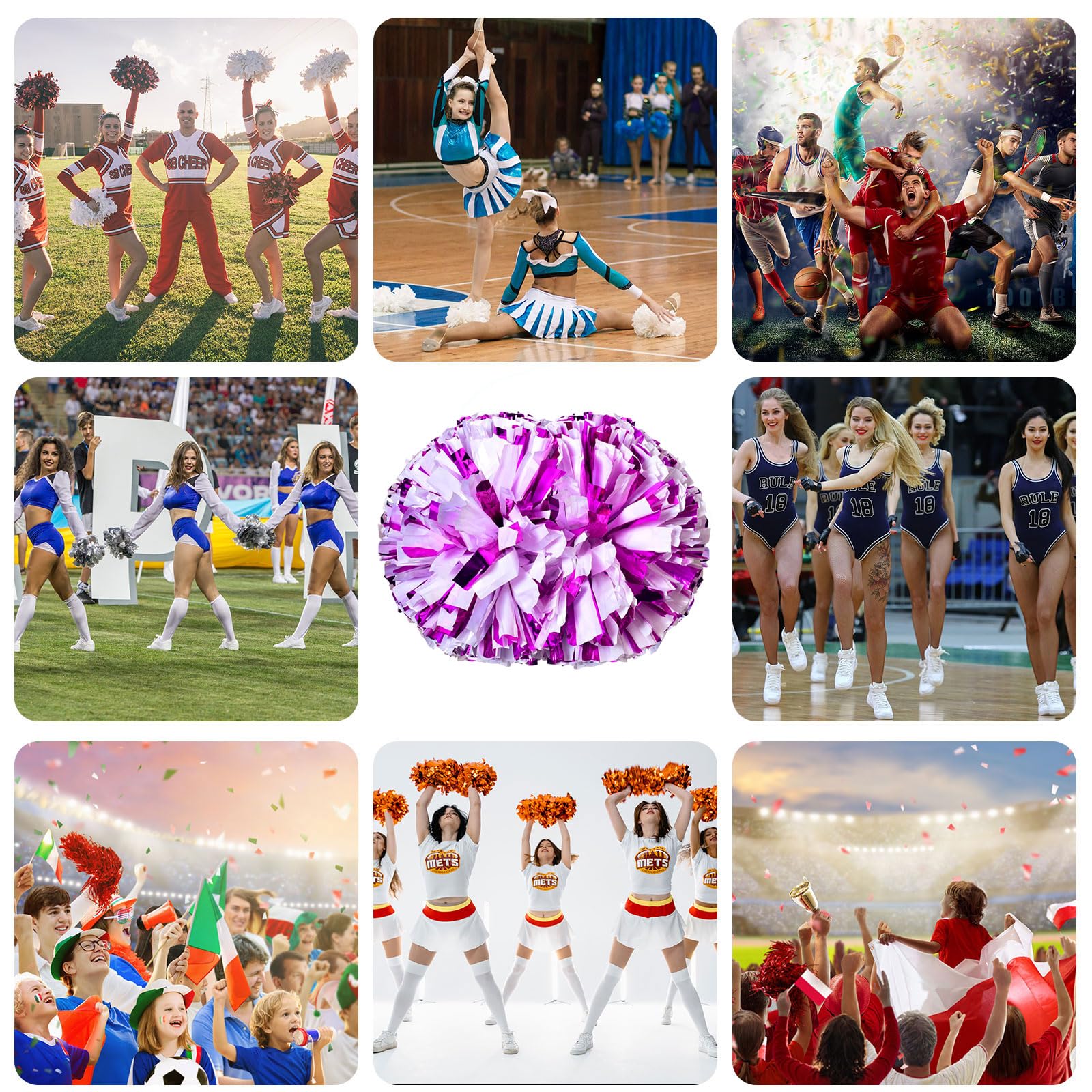 Pompon da cheerleading, 8 pezzi con manico, perfetti per tifo di squadra, giochi di spirito,Pompon resistenti per eventi (Rosa rossa + bianco)