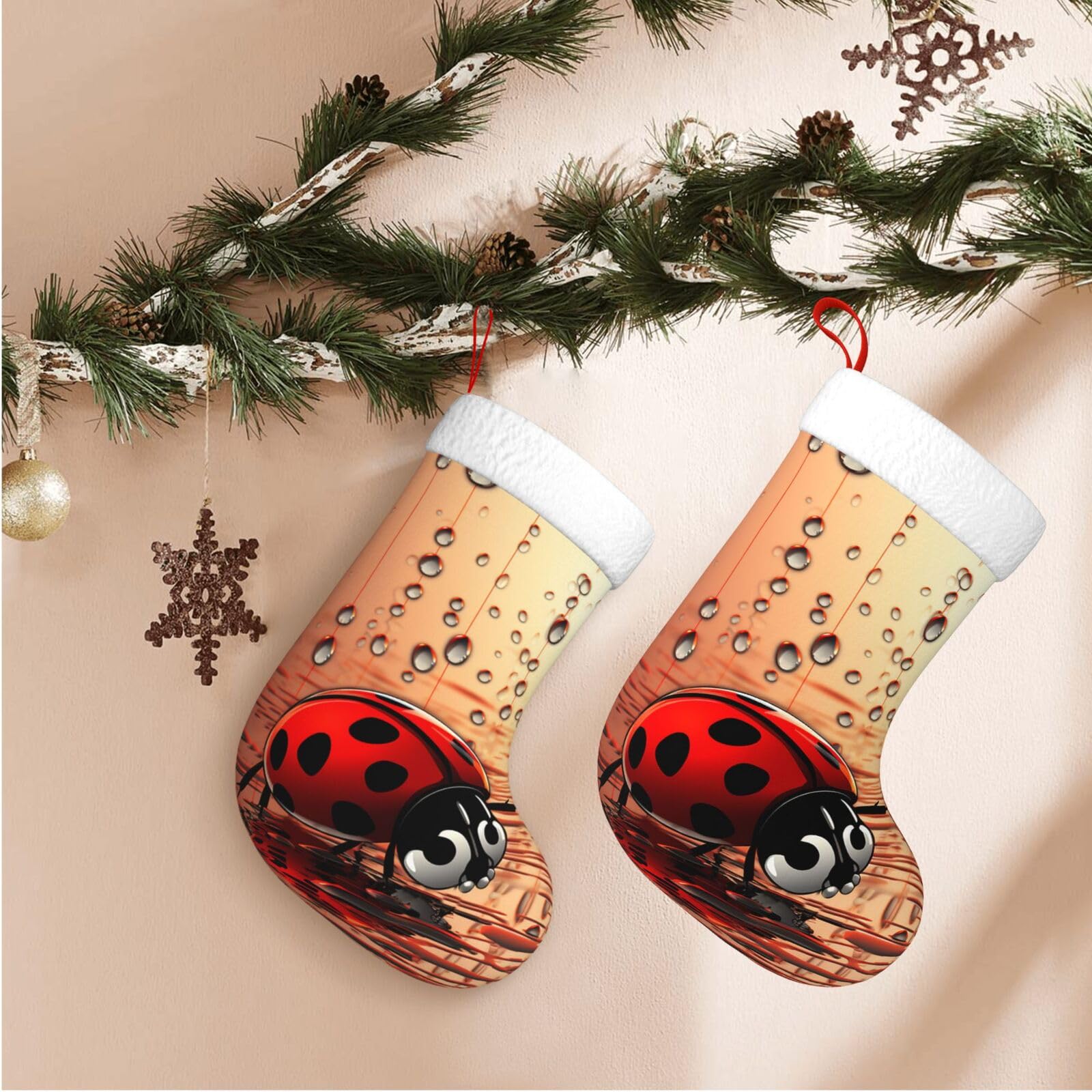 Art Ladybug Tracks Christmas Stockings Velvet Xmas Fireplace Hanging Stocking with Plush Cuff Rustic Christmas Santa Stockings for Home Christmas Decorations Party Favor Supplies