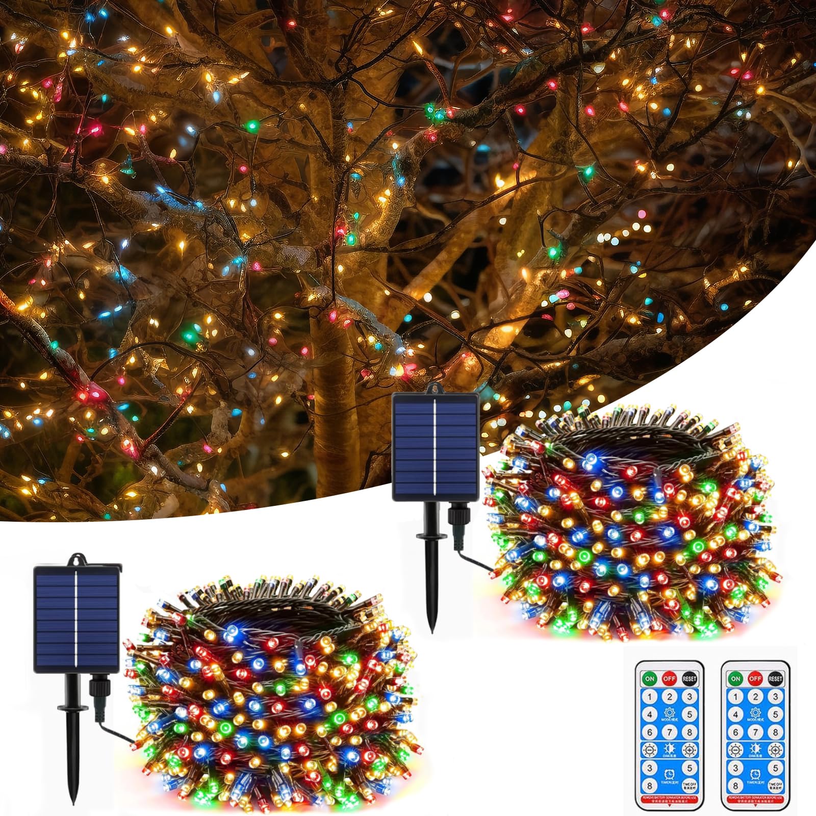 Cadena de luces solares para exteriores, 2 unidades, 20 m, 200 ledes, cadena de luces solares con mando a distancia, 8 modos, temporizador, cable USB, regulable, resistente a la intemperie