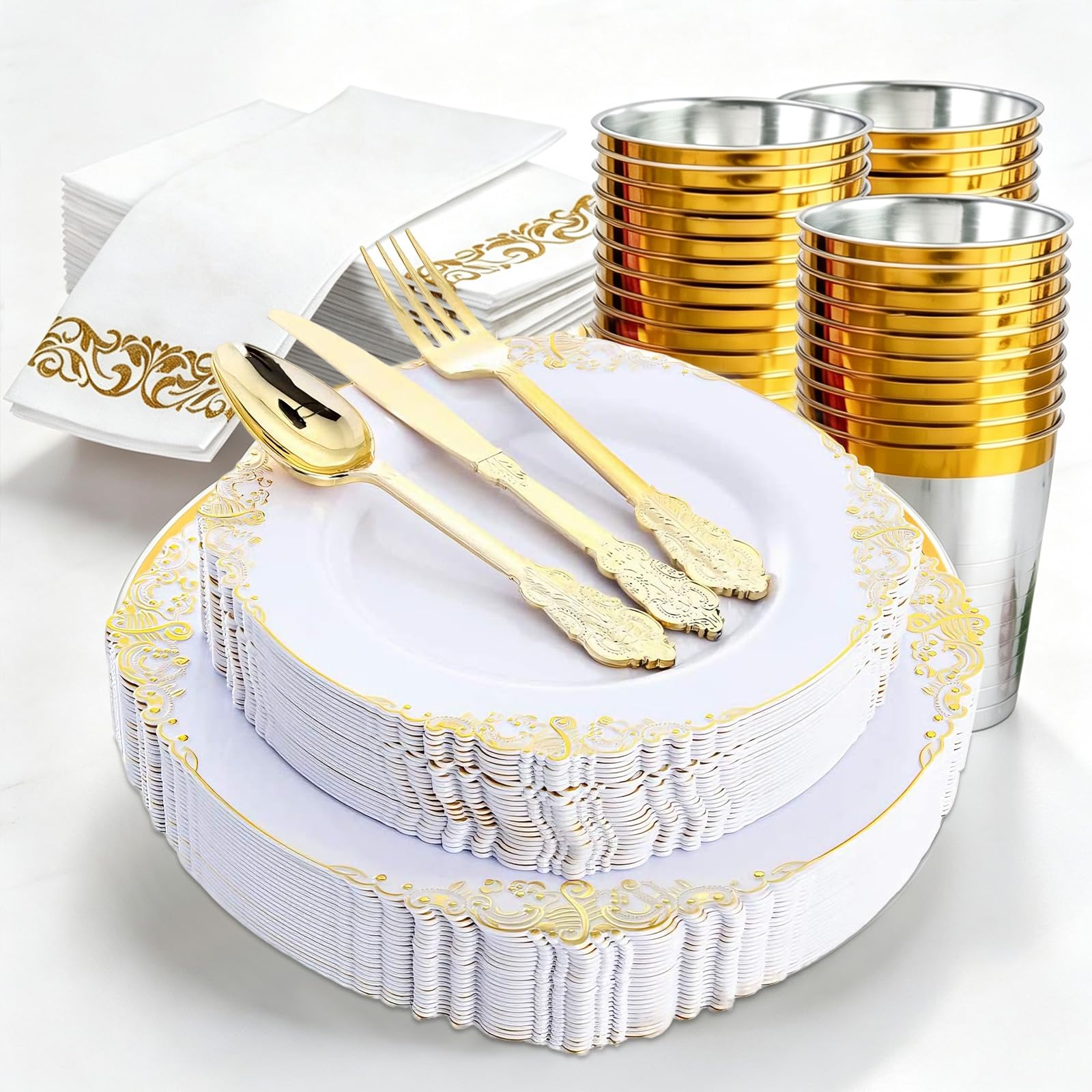Yazoni Reusable Plastic Dinnerware Set for 25 Guests – Washable & Dishwasher Safe – Includes Plates, Cutlery, Cups, Napkins – White Gold