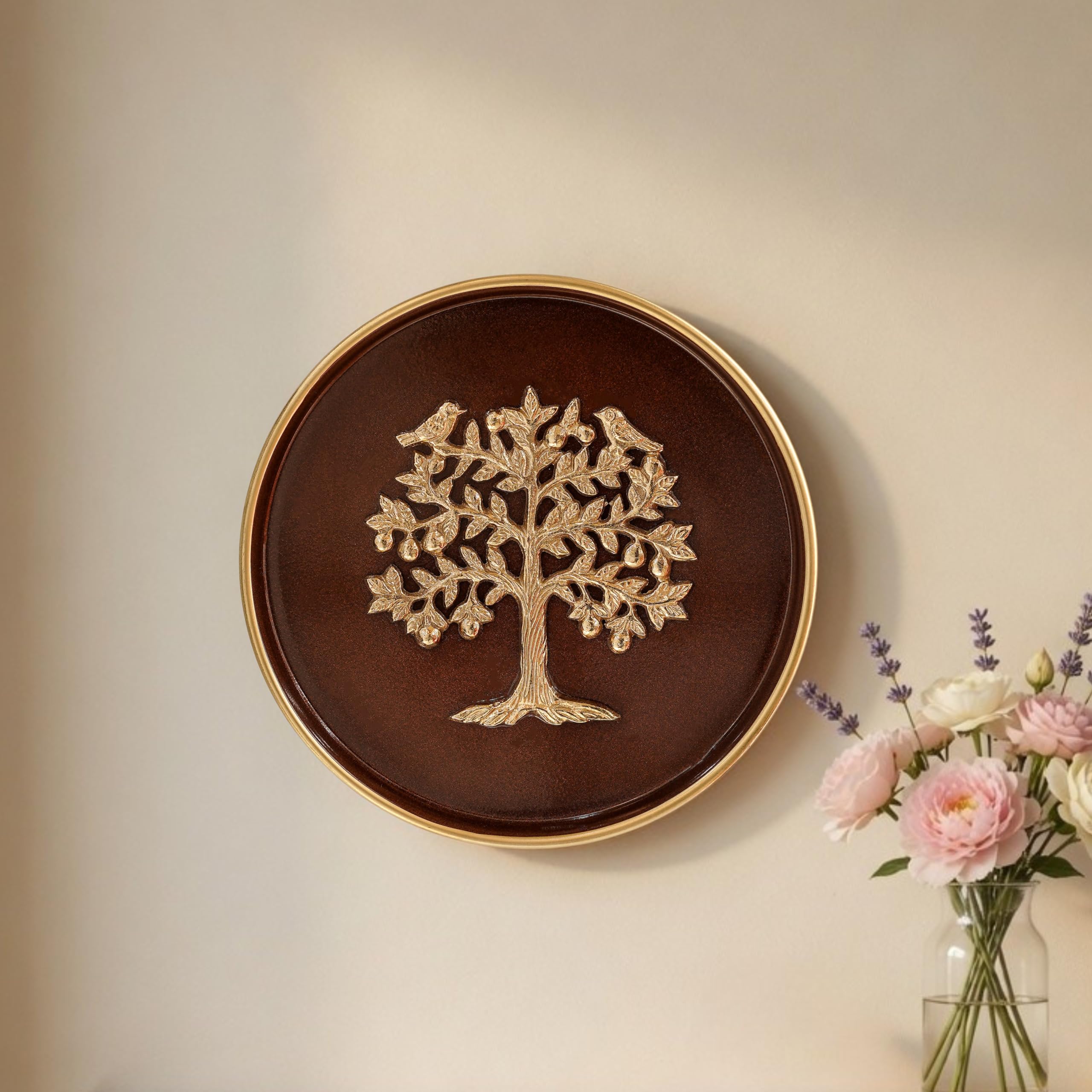 BEHOMA Kalpvriksha Wall Plate for Home Decor | Coffee Brown & Gold Metal Finish Wall Hanging | Decorative Tree of Life Wall Decor for Living Room & Entrance | 21.5 cm (8.4 Inch)-image-35