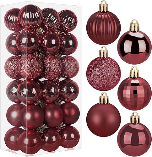 Juego de 36 adornos de bolas navideñas, bolas de árbol de Navidad de 1.97 pulgadas con cuerdas para colgar, 6 acabados clásicos, decoración de