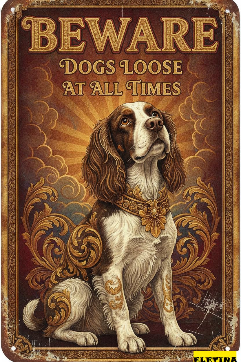 Dogs Loose English Springer Warning Tin Sign, 8x12 Inch