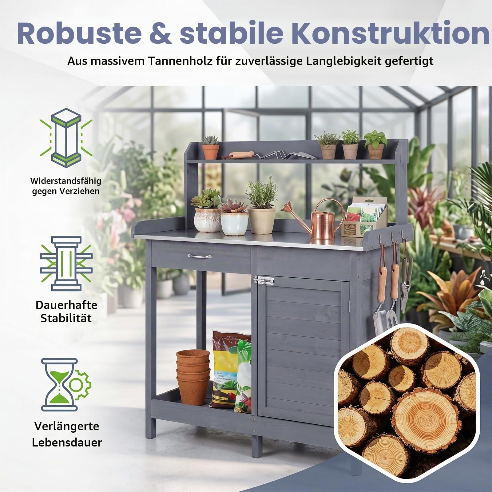 RELAX4LIFE Pflanztisch Outdoor, Gartentisch Holz mit Schubladen, Unterschrank, Edelstahlplatte & Haken, Gartenschrank Wetterfest, Gartenarbeitstisch für Garten & Balkon, 112 x 46,5 x 125 cm (Grau)