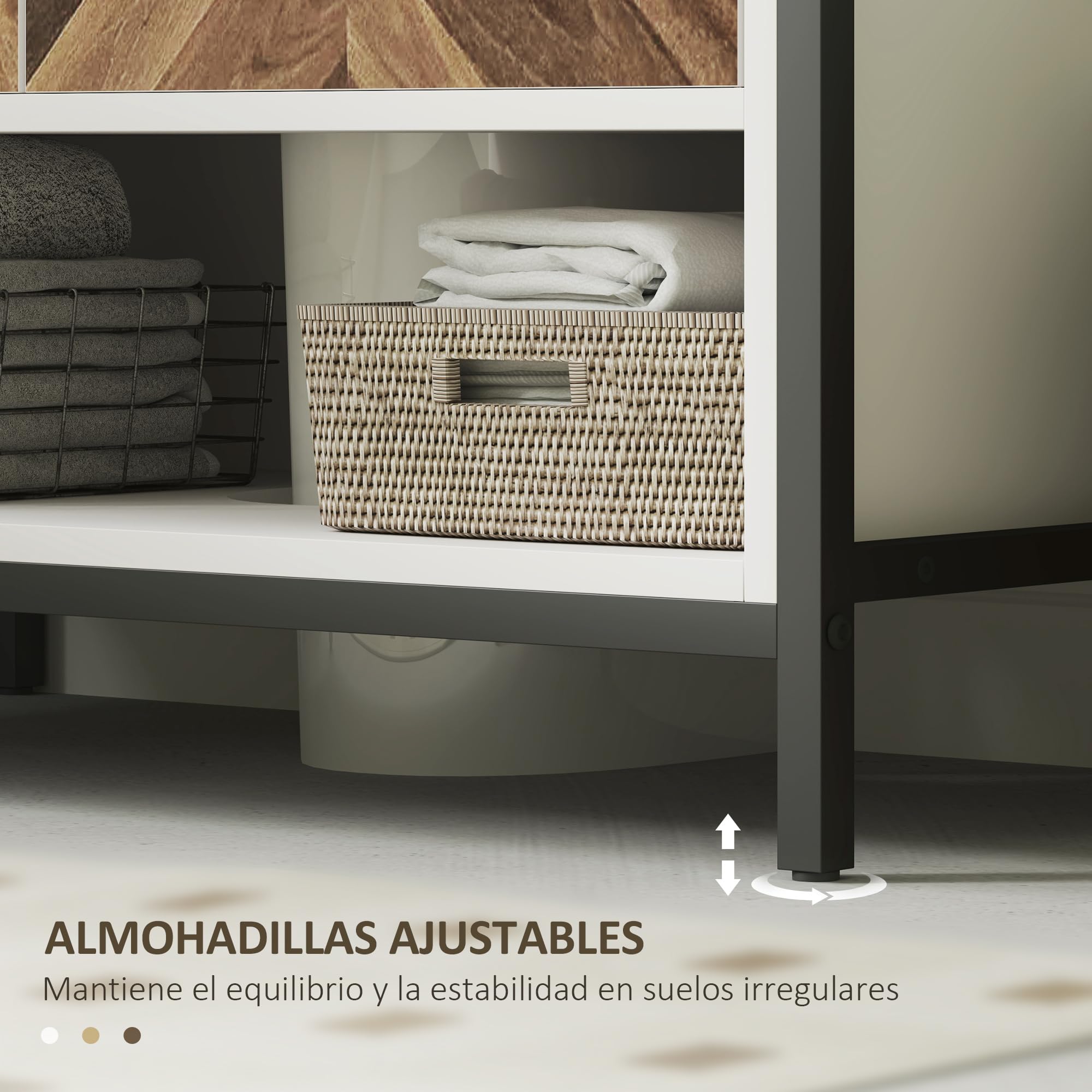 HOMCOM Mueble Bajo Lavabo de Baño con 2 Puertas 80x40x60 cm Crema y Nogal | Mueble de Baño, Patrón en Espiga, Compartimento Abierto, para Lavabo con Pedestal o con Pie