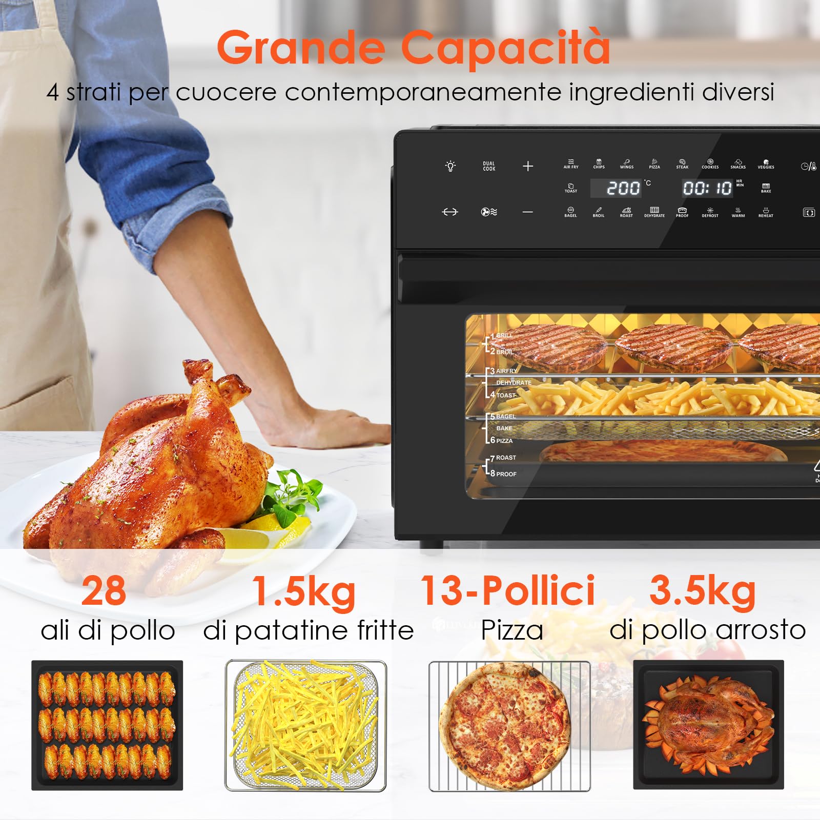 LLIVEKIT 30L Friggitrice ad Aria Forno XXL con Girarrosto Rotante, Mini Forno a Convezione 20 Programmi e 9 Accessori, Friggitrice ad Aria Senza Olio con Schermo a LED, Ricettario, 80 °C-230 °C