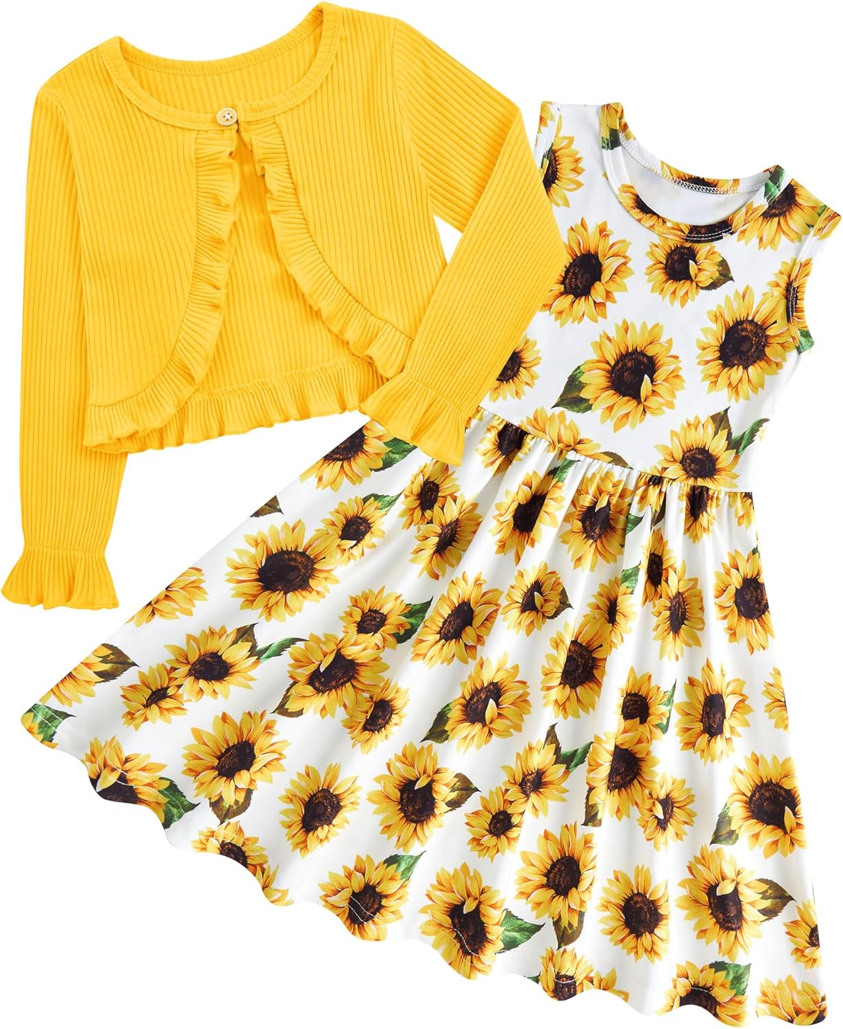 Toddler Girl Sleeveless Dresses and Long Sleeve Ruffle Cardigan 2 Piece Fall Outfits for 2-8T