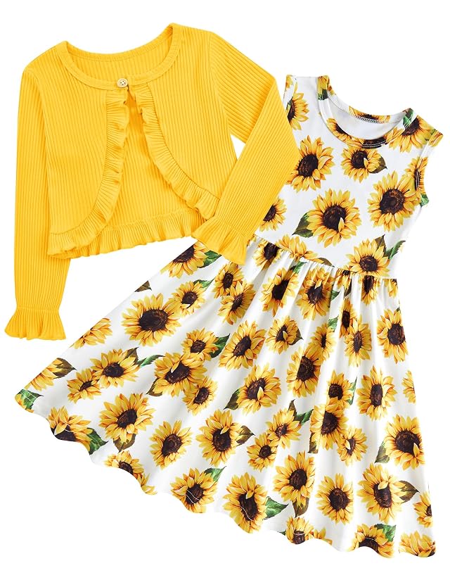 Toddler Girl Sleeveless Dresses and Long Sleeve Ruffle Cardigan 2 Piece Fall Outfits for 2-8T