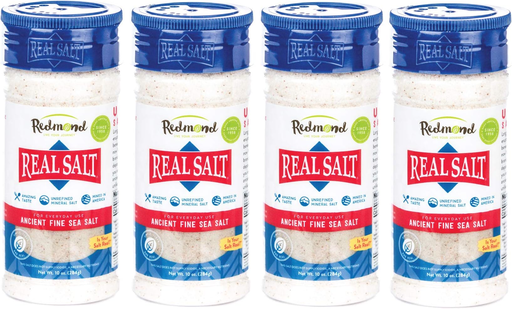 Redmond Real Sea Salt - Natural Unrefined Gluten Free Fine, 10 Ounce Shaker (4 Pack)