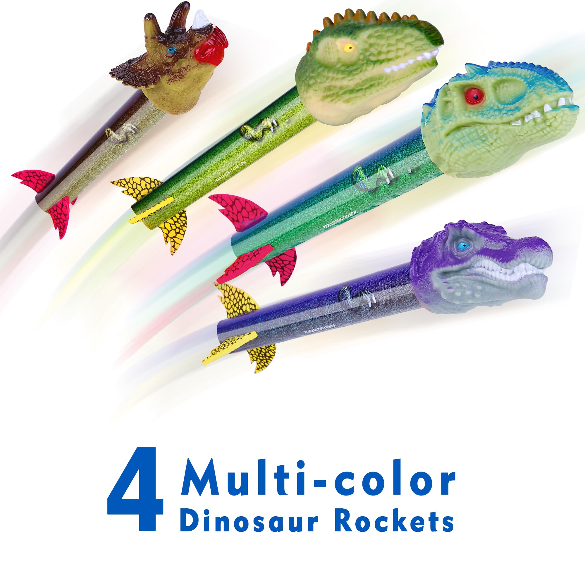 Lanzador de cohetes de juguete de dinosaurio para niños, lanza hasta 100 pies, 4 cohetes, juguetes exteriores para niños, juguetes de dinosaurio, regalos de cumpleaños para niños y niñas de 3, 6