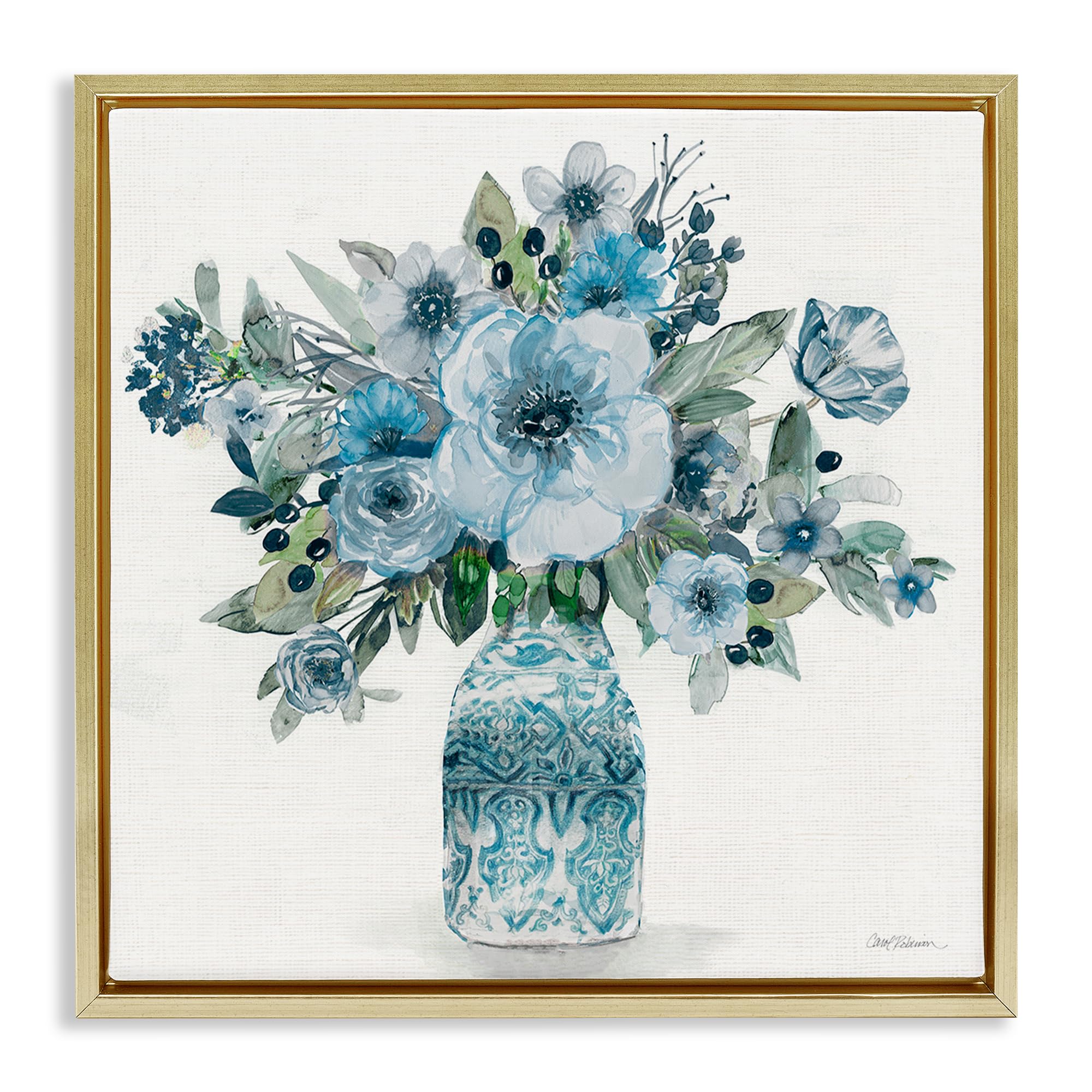 Stupell Industries Metallic Gold (Matte) 'Pastel Blue Botanical Bouquet'| Floating Frame Canvas Art