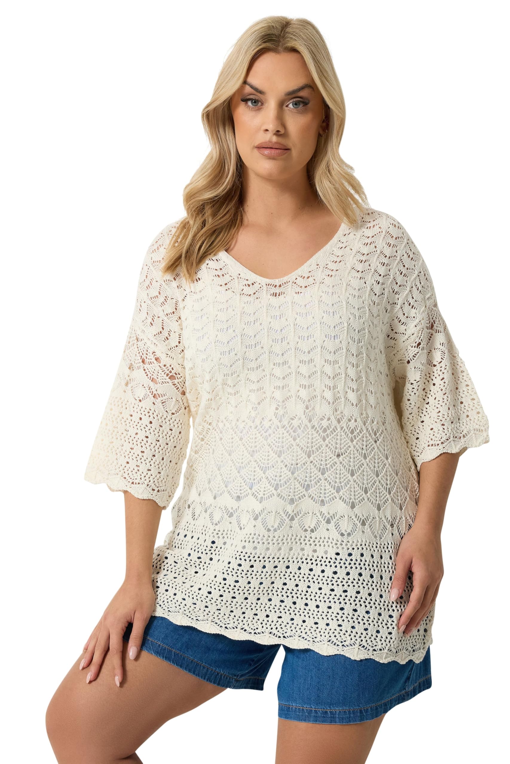 Yours Curve White Crochet Crew Neck Top - Women's - Plus Size Curve