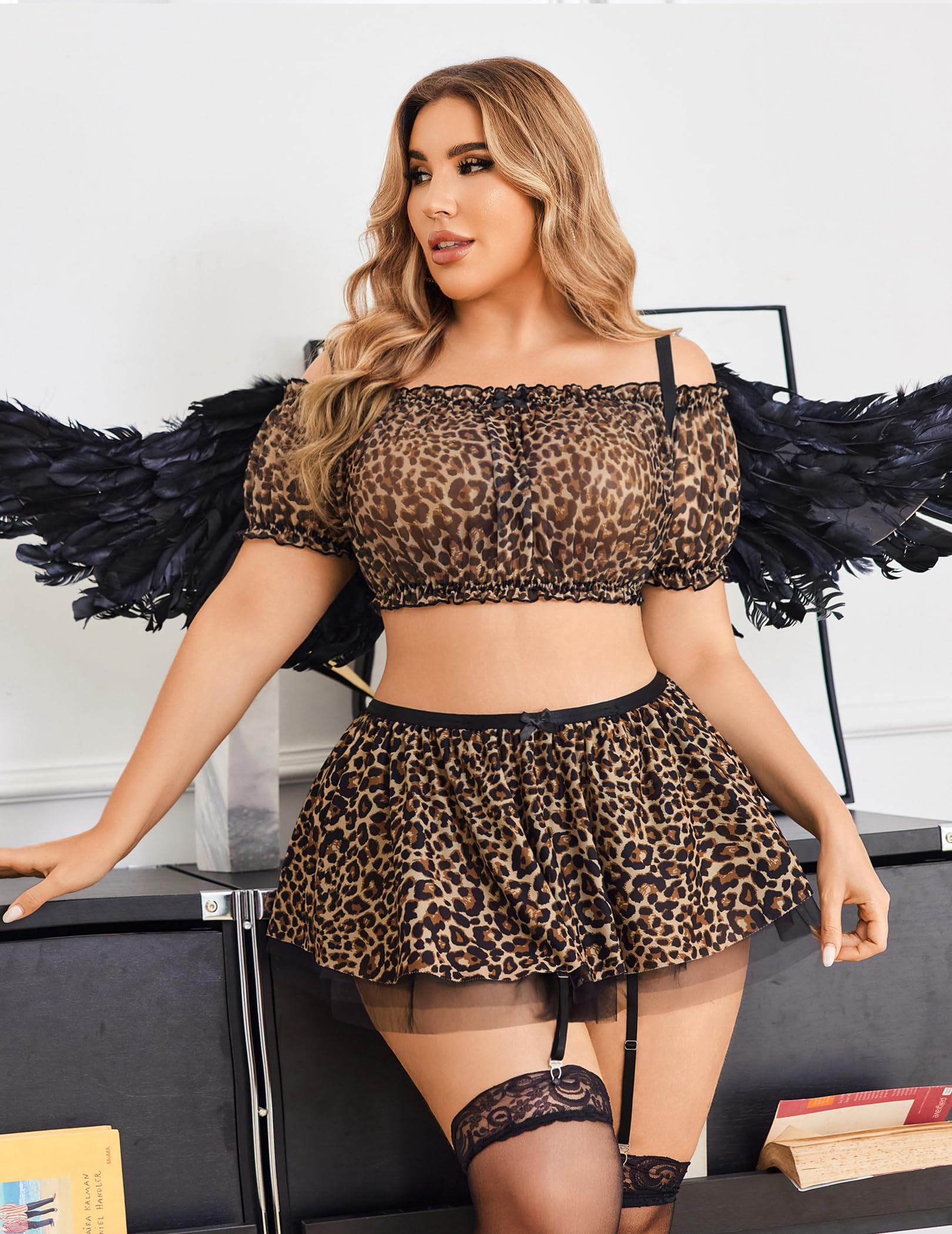 Avidlove Plus Size Garter Lingerie Set Mesh Ruffle Cosplay Lingerie with Mini Skirt 3 Piece Lingerie Set: Leopard Print 22 Plus