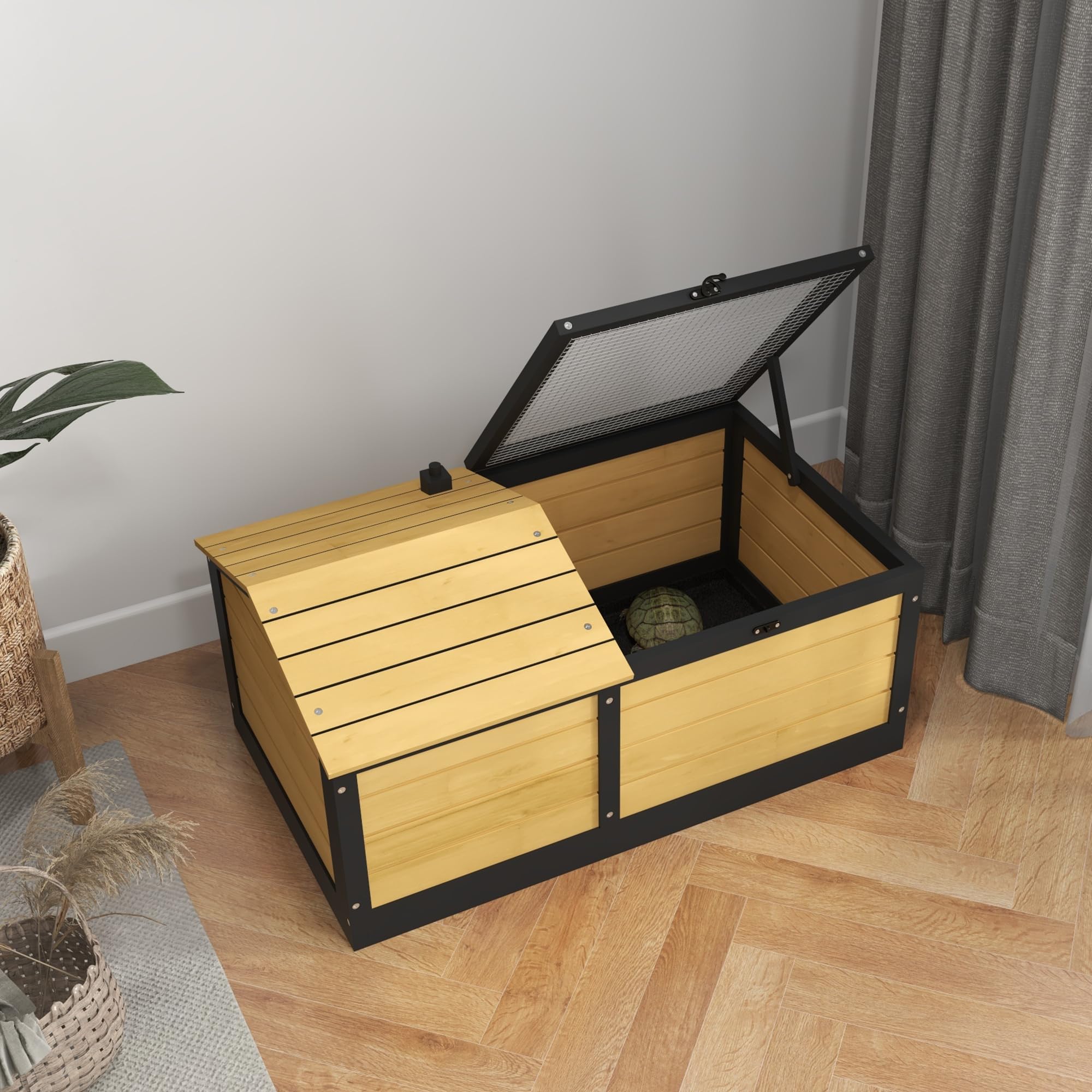PawHut Casetta in legno per tartarughe, per piccoli animali domestici, rettili con nascondiglio per rifugio, parte superiore apribile, vassoio, casa per tartarughe, per interni ed esterni, giallo