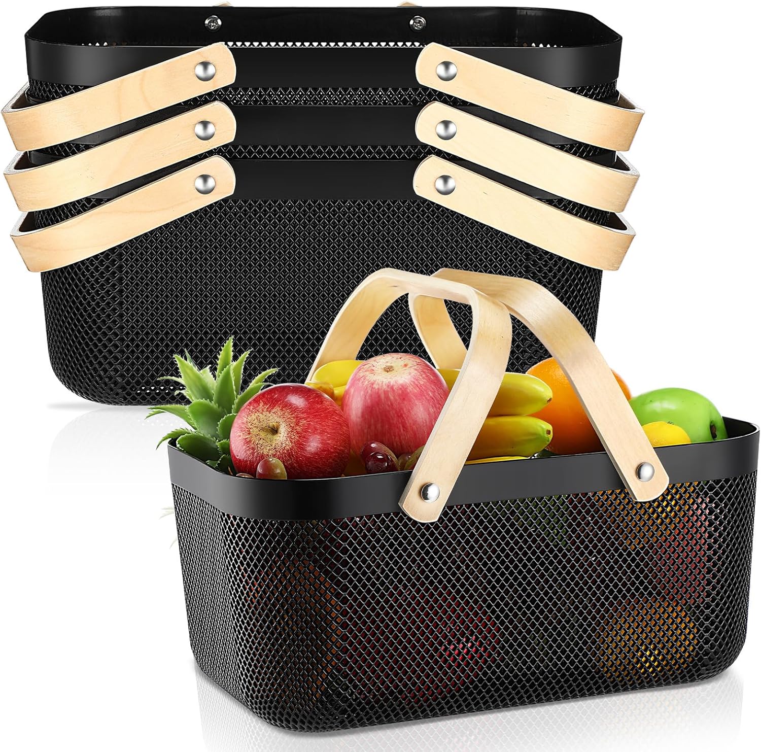 Sadnyy 4 Pcs Plastic Mesh Garden Harvest Basket Storage Basket with Wooden Handle Multi Functional Mesh Bin for Kitchen Cabinet Picnic Fruit Vegetable Gathering Organizer(Large,Black)