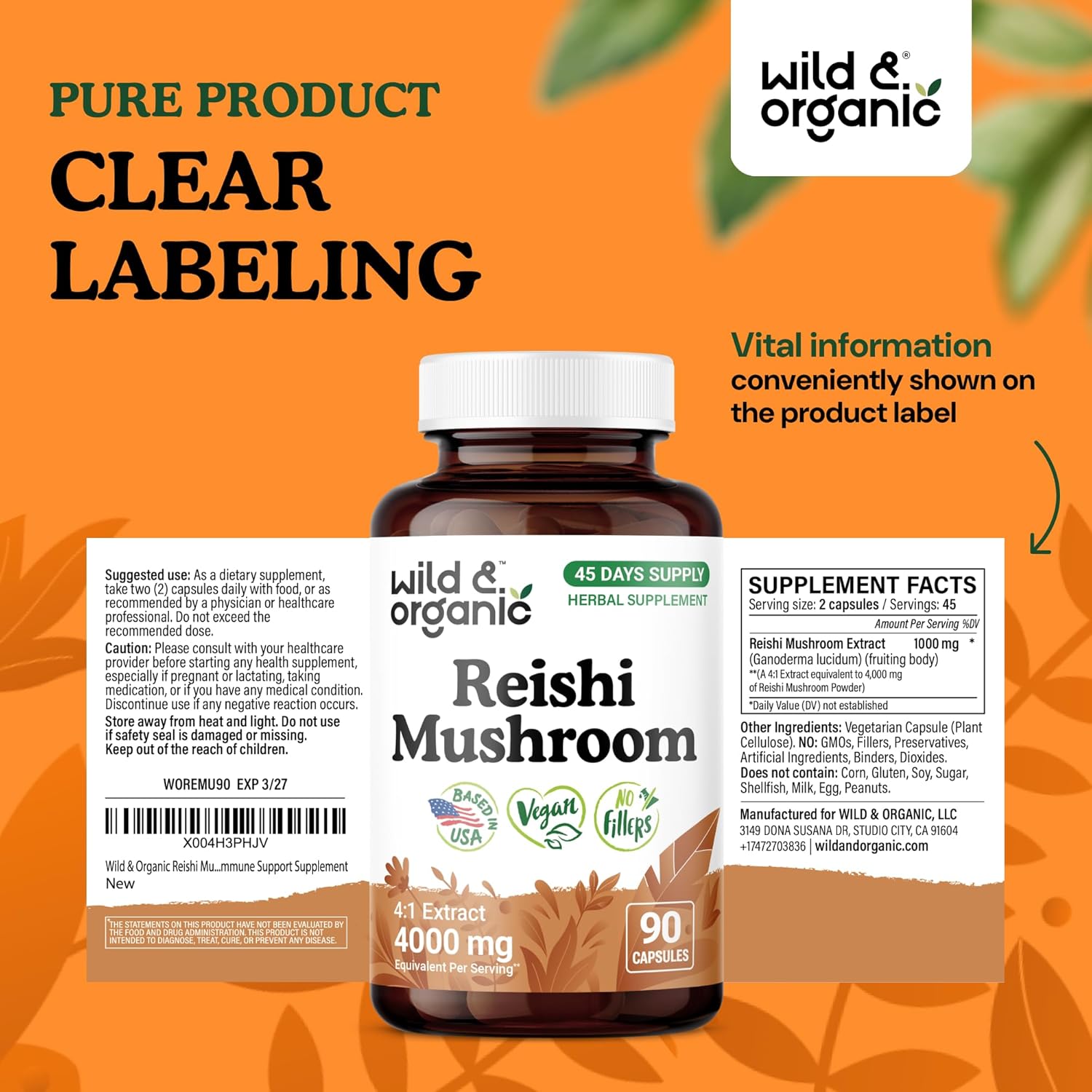 Wild & Organic Reishi Mushroom Capsules 1000 mg - Immune & Energy Support - Red Reishi Mushroom Powder - Ganoderma Lucidum Extract Supplement - 90 Vegan Capsules - 45 Days Supply, Non-GMO, Gluten-Free - Image 7