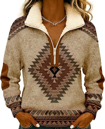 Quarter Zip Pullover Women Sherpa Collar Western Aztec Print Pullover Sweatshirt For Women Long Sleeve Casual Top