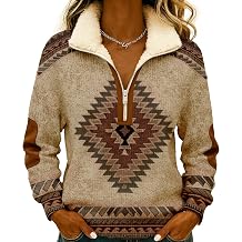 Quarter Zip Pullover Women Sherpa Collar Western Aztec Print Pullover Sweatshirt For Women Long Sleeve Casual Top