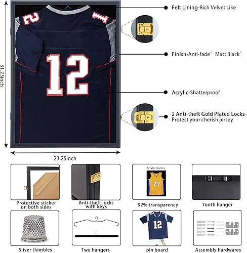 Miniatura 3 de IHEIPYE Marco de exhibición de jersey con cerradura, caja de sombra grande deportiva con 98% de protección UV acrílico y colgador para béisbol,