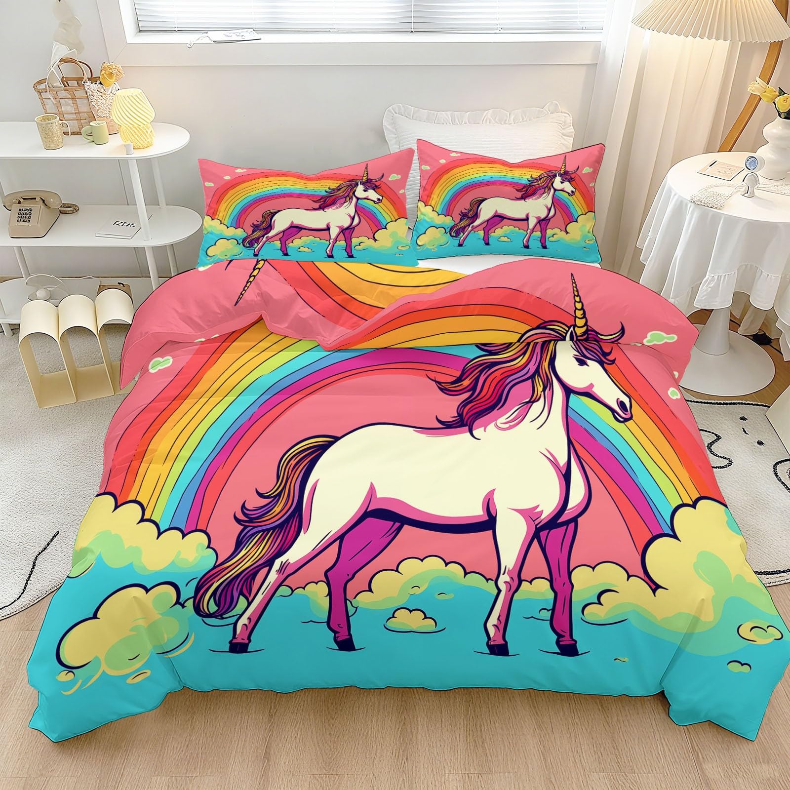 Housse de couette 200 x 200 licorne zippée en microfibre résistante sans repassage