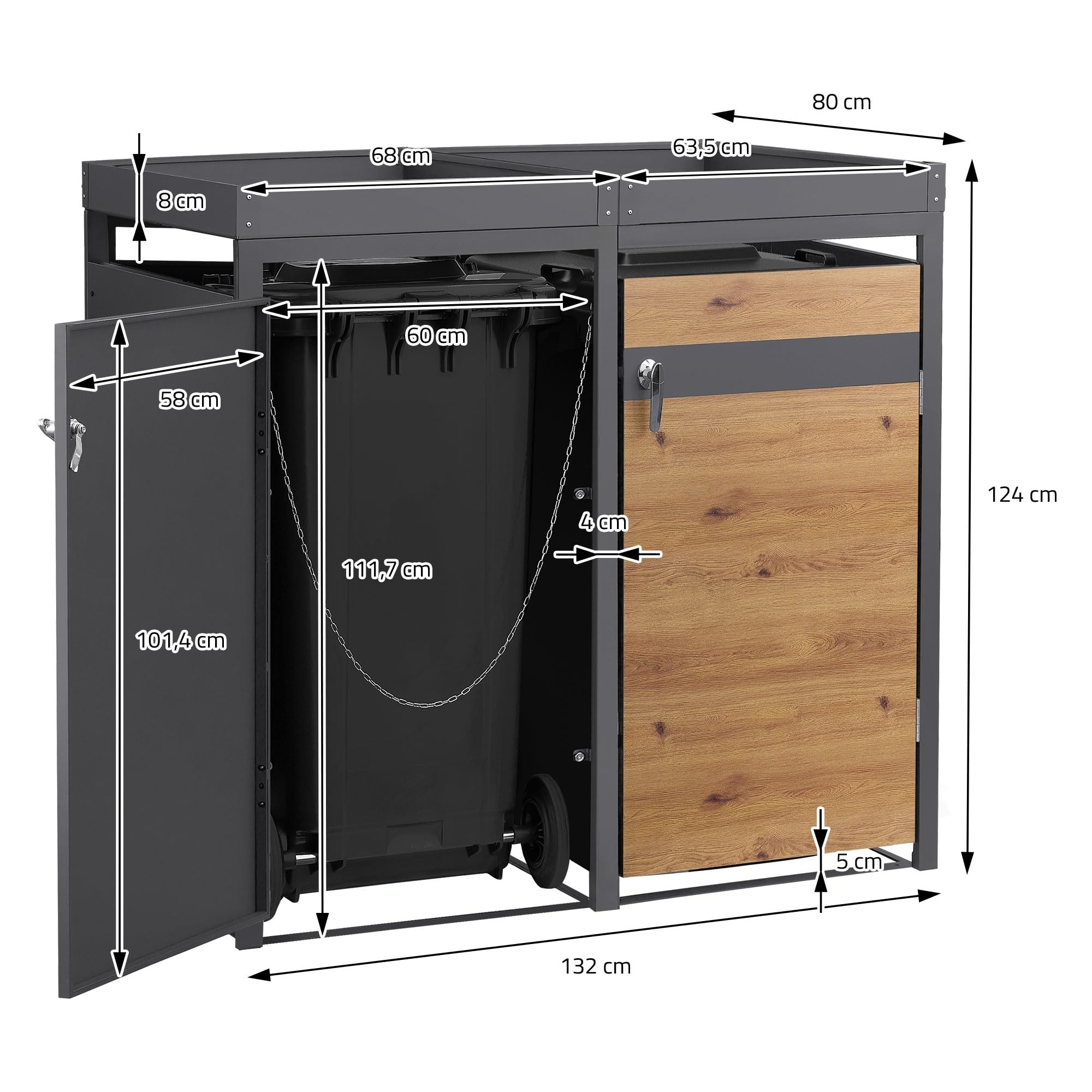 ML-Design pojemnik na odpady z daszkiem na 4 pojemniki na odpady, 240L 264x80x124 cm, debowy, stalowy, odporny na warunki atmosferyczne, zamykana pokrywa pojemnika na odpady z drzwiczkami