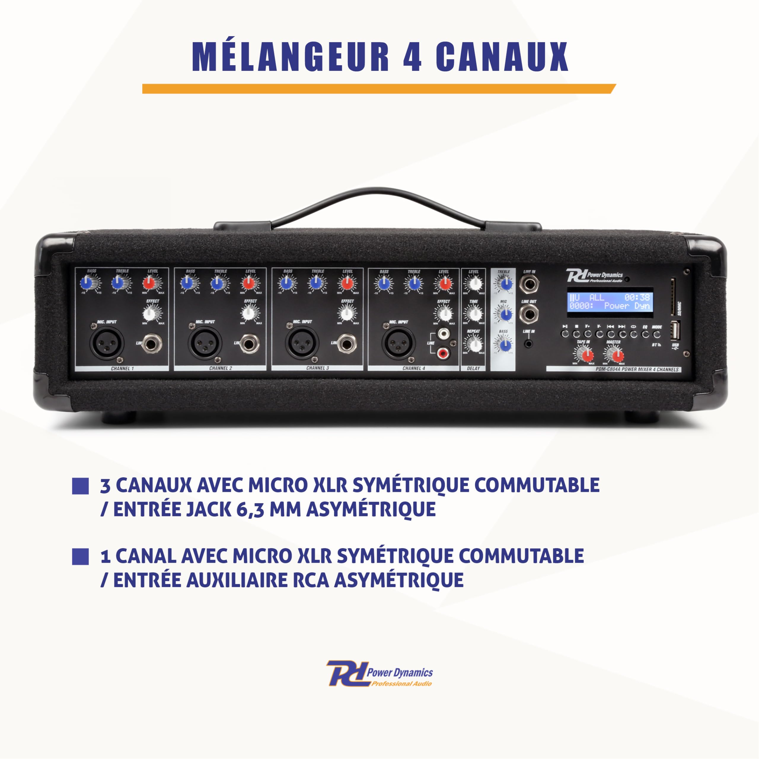 Power Dynamics PDM-C405A Table de Mixage Amplifiée 800 Watts - 4 Canaux, Connexion sans Fil Bluetooth, USB/SD, Réglages Graves/Aigus par Canaux, Idéal pour DJ, Groupe ou Salle de Spectacle