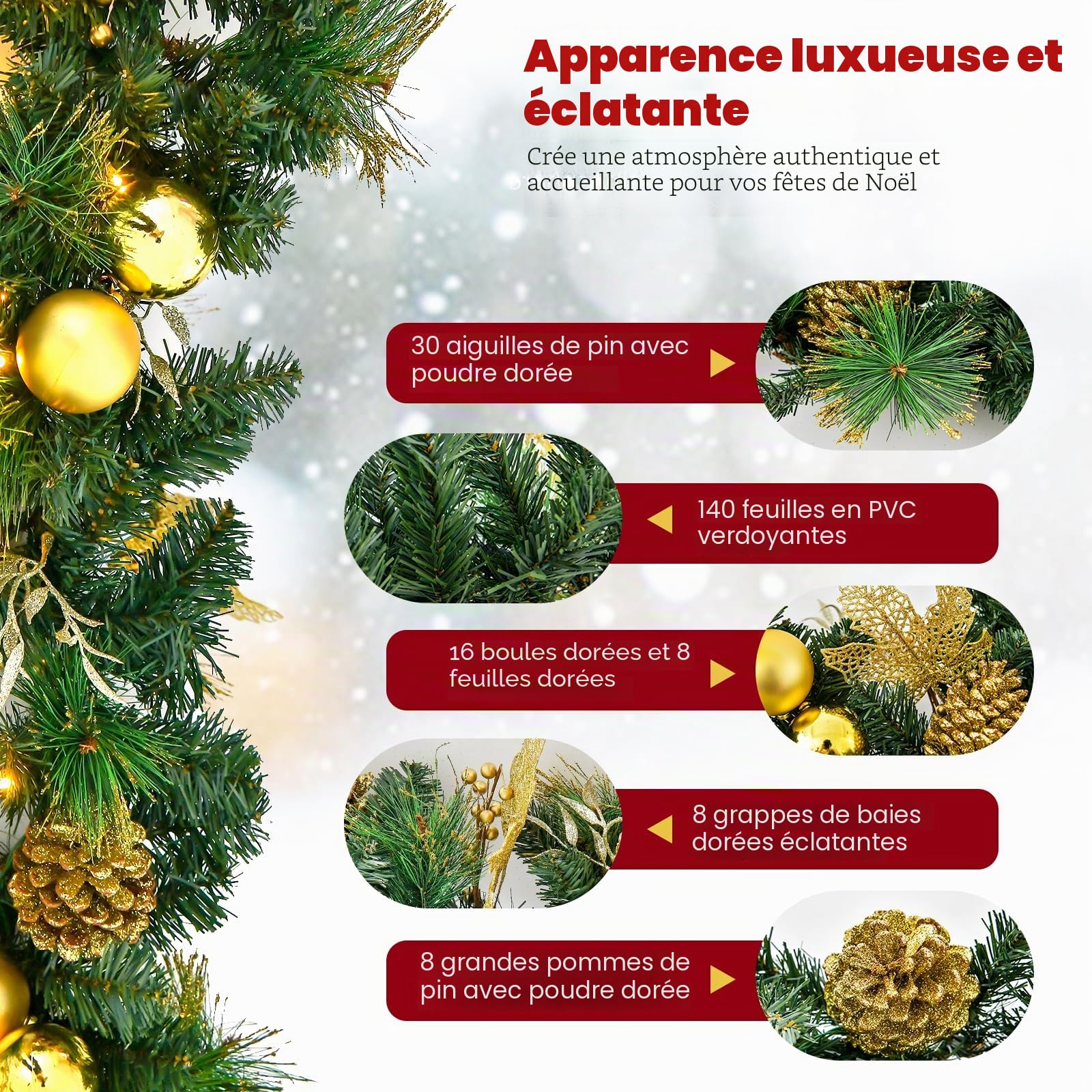 KOMFOTTEU Guirlande de Noël LED 270cm pour escaliers et cheminées | Couronne de Sapin Artificiel avec Baies Rouges et Pommes de pin, décoration de Noël pour escaliers et cheminées (Vert)